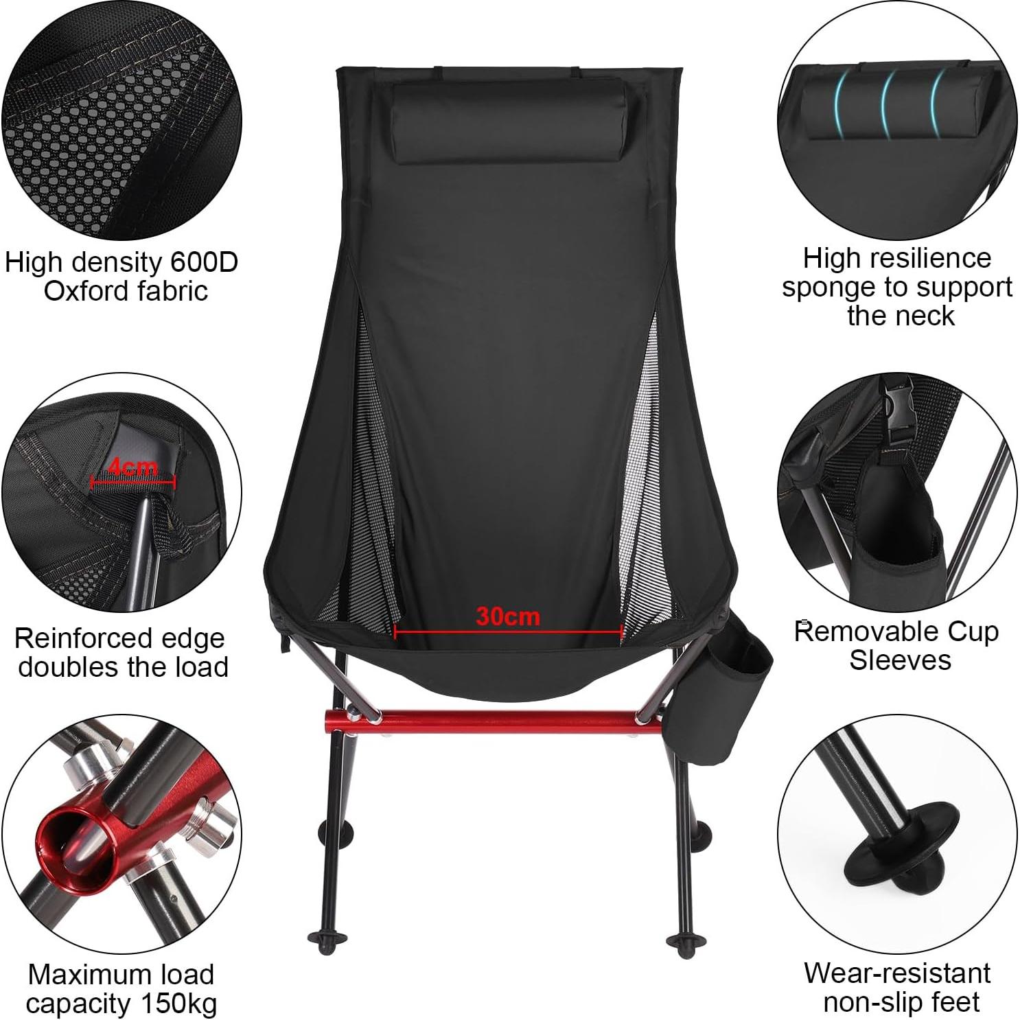 OKYUK Camping Chair, High Back Portable Folding Chair, Aircraft Grade Aluminum Alloy Structure, Built-in Pillow, Side Pocket & Carry Bag, Compact & Heavy Duty for Outdoor Backpacking (Black)