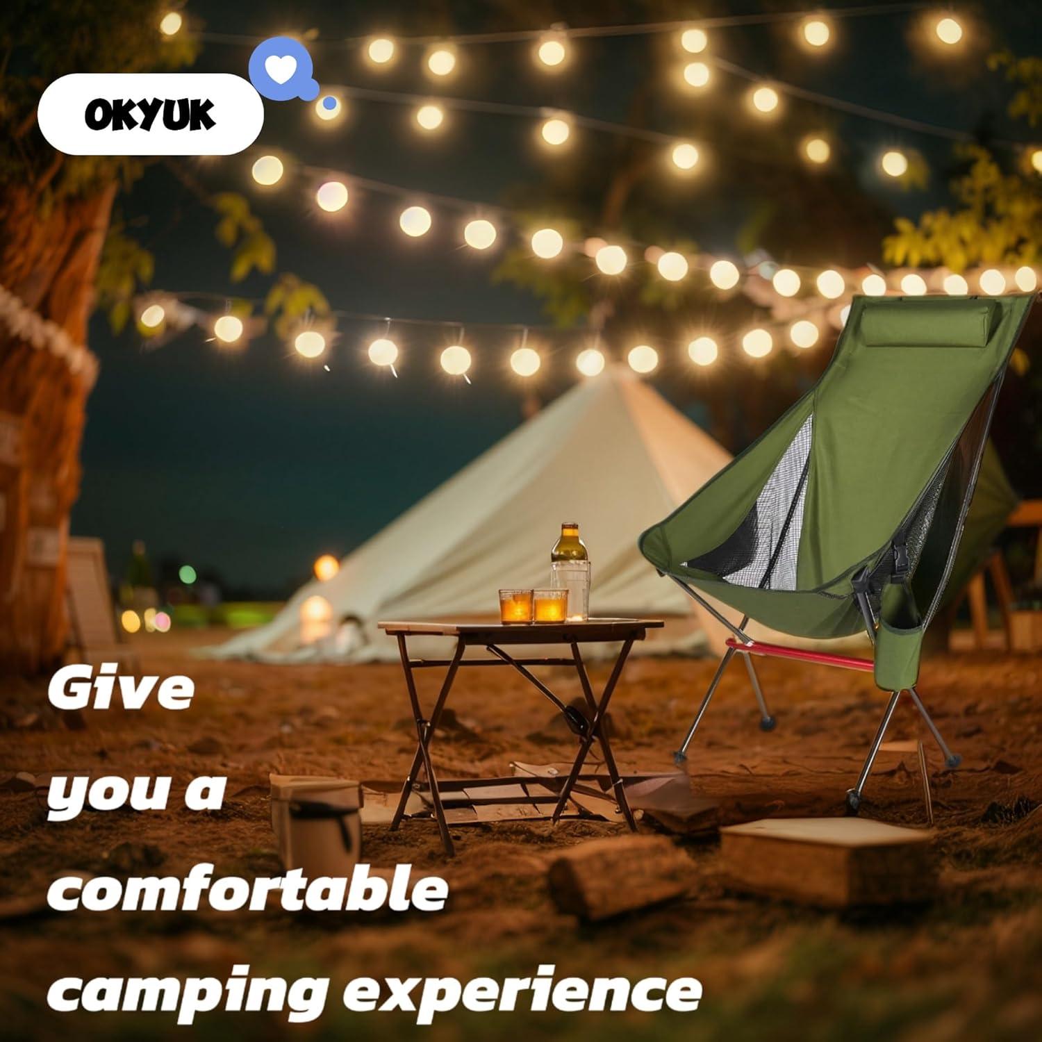 OKYUK Camping Chair, High Back Portable Folding Chair, Aircraft Grade Aluminum Alloy Structure, Built-in Pillow, Side Pocket & Carry Bag, Compact & Heavy Duty for Outdoor Backpacking (Black)