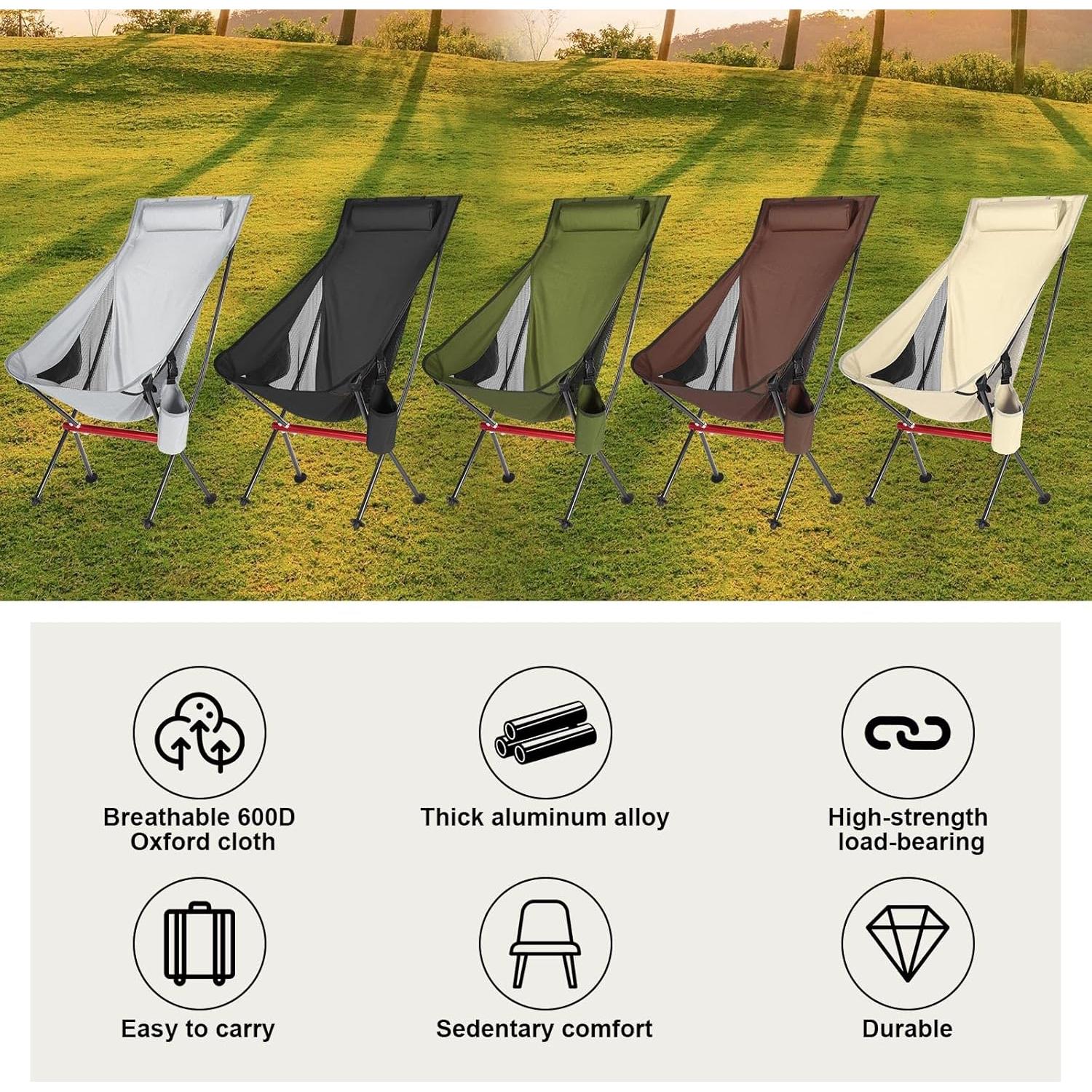 OKYUK Camping Chair, High Back Portable Folding Chair, Aircraft Grade Aluminum Alloy Structure, Built-in Pillow, Side Pocket & Carry Bag, Compact & Heavy Duty for Outdoor Backpacking (Black)