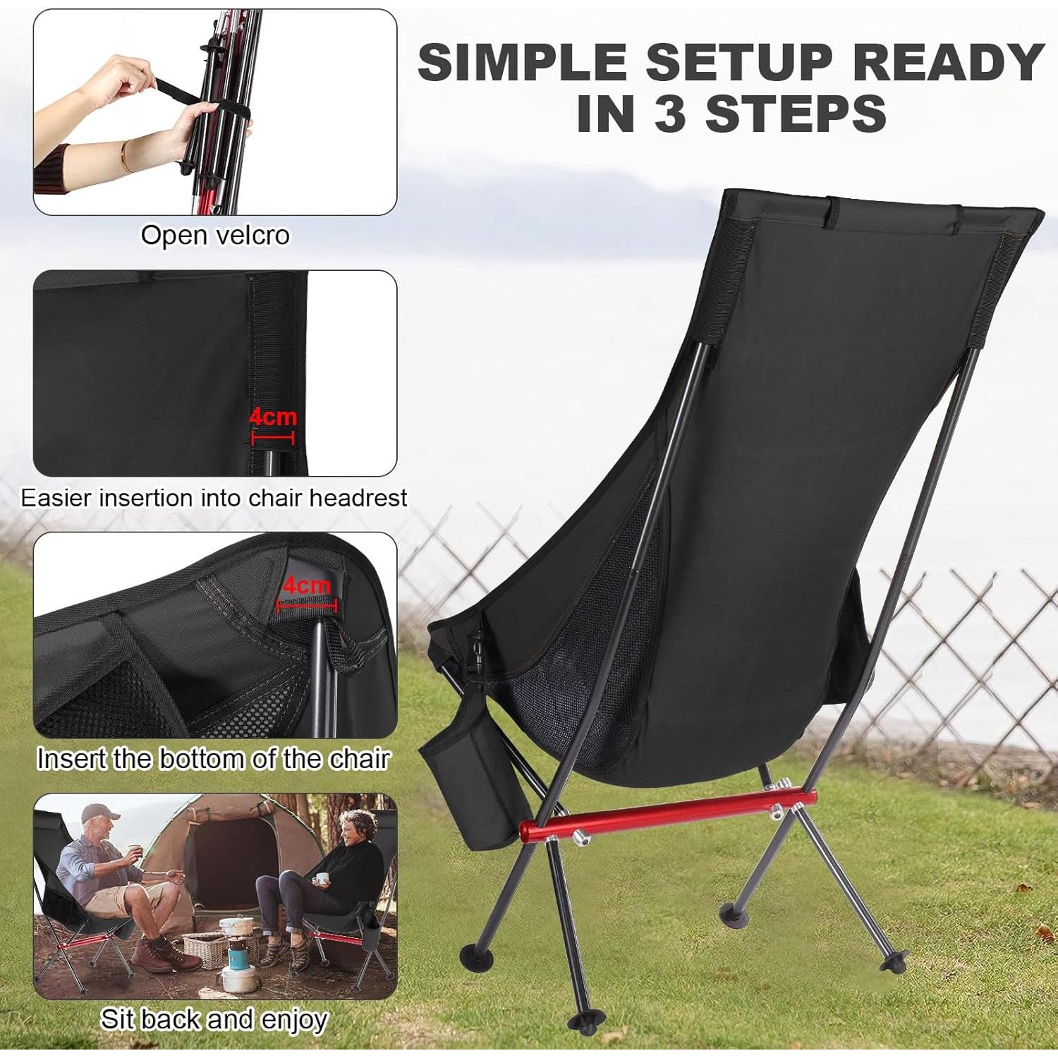 OKYUK Camping Chair, High Back Portable Folding Chair, Aircraft Grade Aluminum Alloy Structure, Built-in Pillow, Side Pocket & Carry Bag, Compact & Heavy Duty for Outdoor Backpacking (Black)