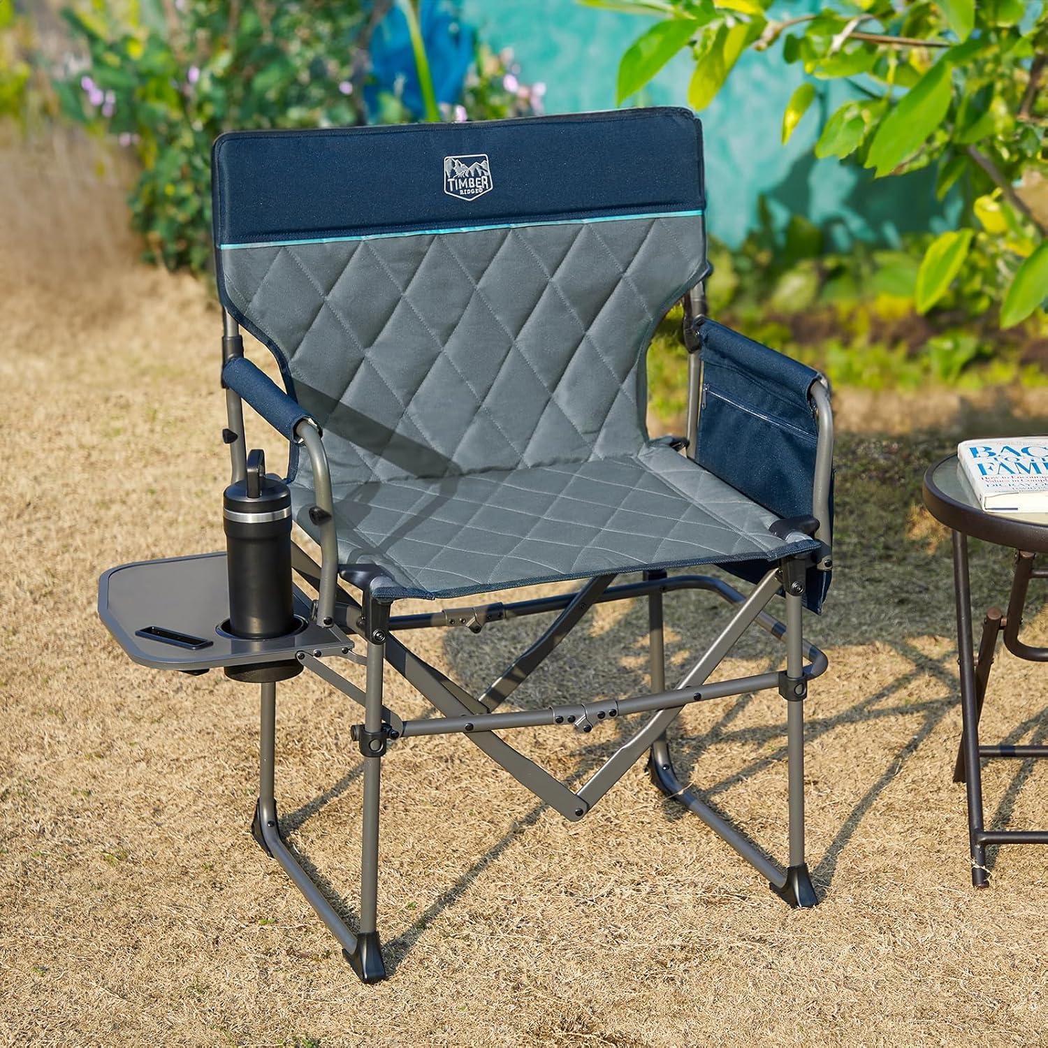 TIMBER RIDGE 2 Pack Camping Directors Chair with Side Table Pocket, Portable Folding Heavy Duty Lawn Chair for Fishing Trip Picnic Concert Outdoor 400lbs, Blue