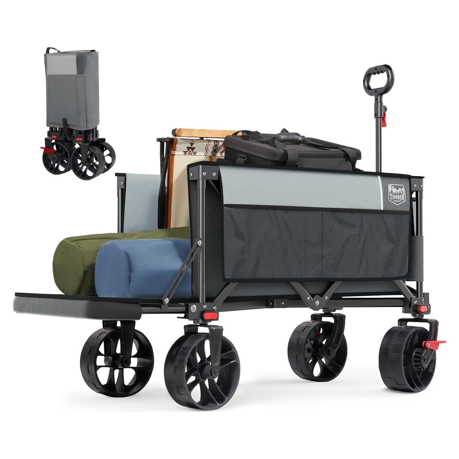 TIMBER RIDGE 47" L Collapsible Folding Wagon with Tailgate, 300lbs Heavy Duty Beach Wagon with All-Terrain Big Wheels, 250L Foldable Utility Cart for Sand Camping Sports Shopping, Grey