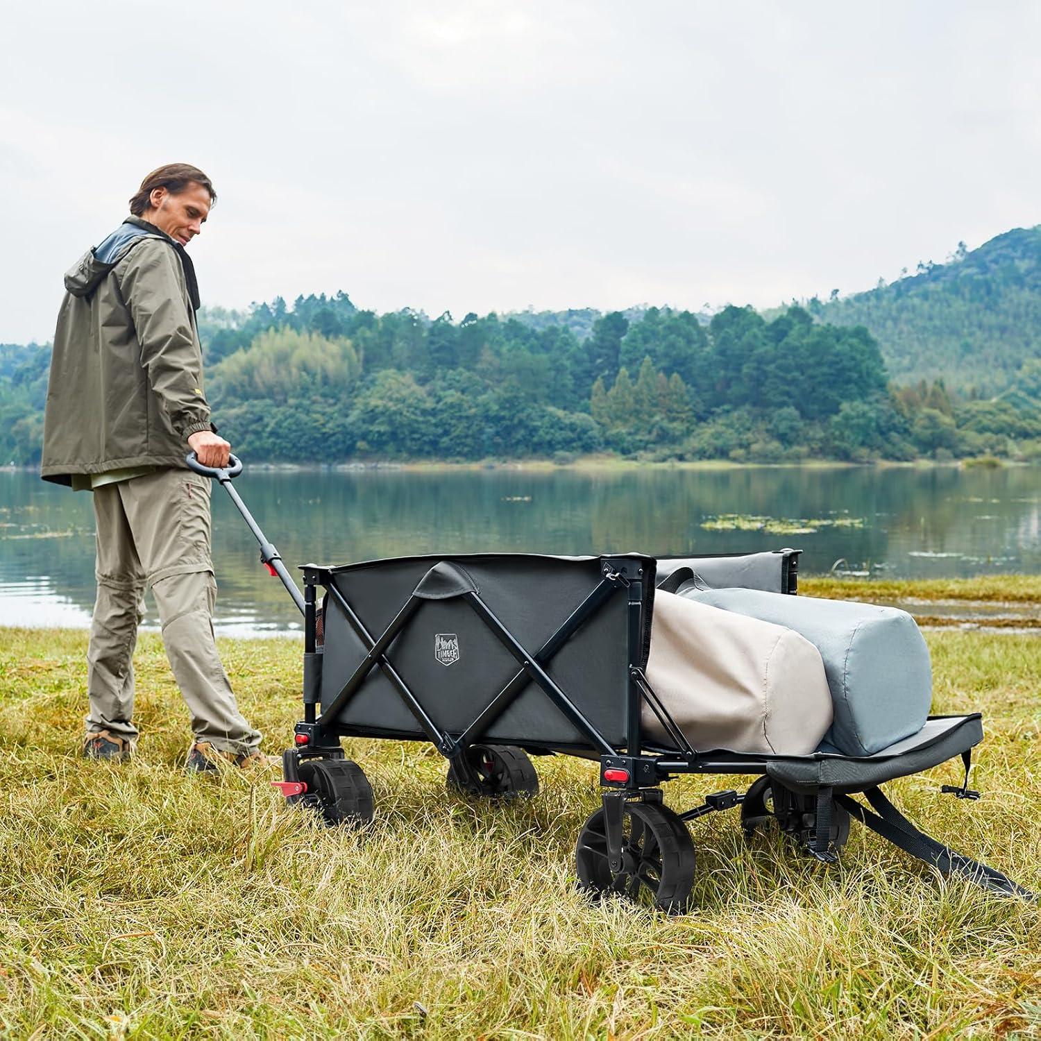 TIMBER RIDGE 47" L Collapsible Folding Wagon with Tailgate, 300lbs Heavy Duty Beach Wagon with All-Terrain Big Wheels, 250L Foldable Utility Cart for Sand Camping Sports Shopping, Grey
