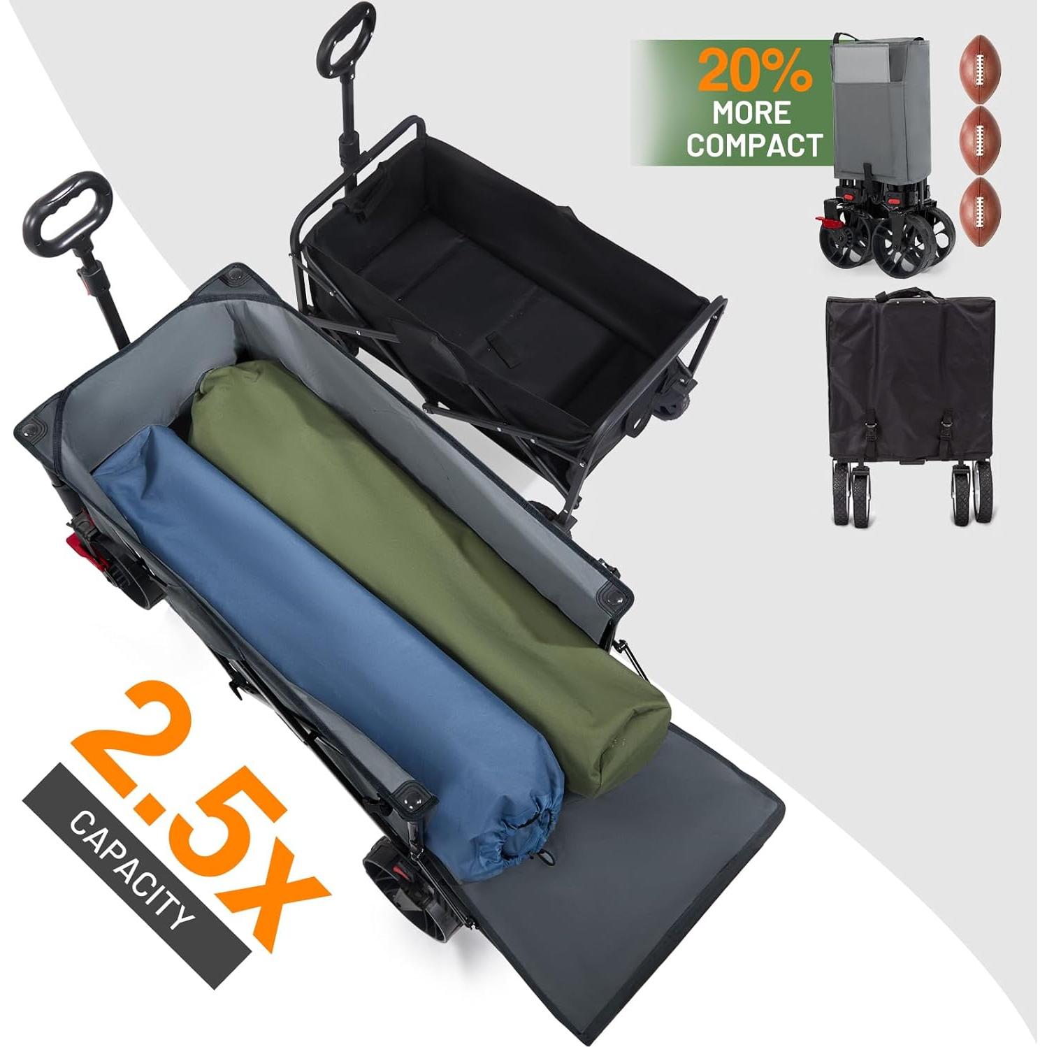 TIMBER RIDGE 47" L Collapsible Folding Wagon with Tailgate, 300lbs Heavy Duty Beach Wagon with All-Terrain Big Wheels, 250L Foldable Utility Cart for Sand Camping Sports Shopping, Grey