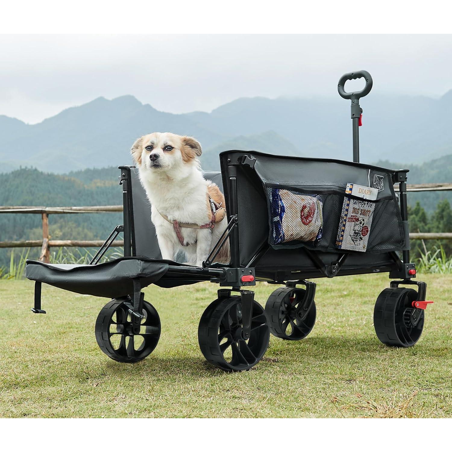 TIMBER RIDGE 47" L Collapsible Folding Wagon with Tailgate, 300lbs Heavy Duty Beach Wagon with All-Terrain Big Wheels, 250L Foldable Utility Cart for Sand Camping Sports Shopping, Grey