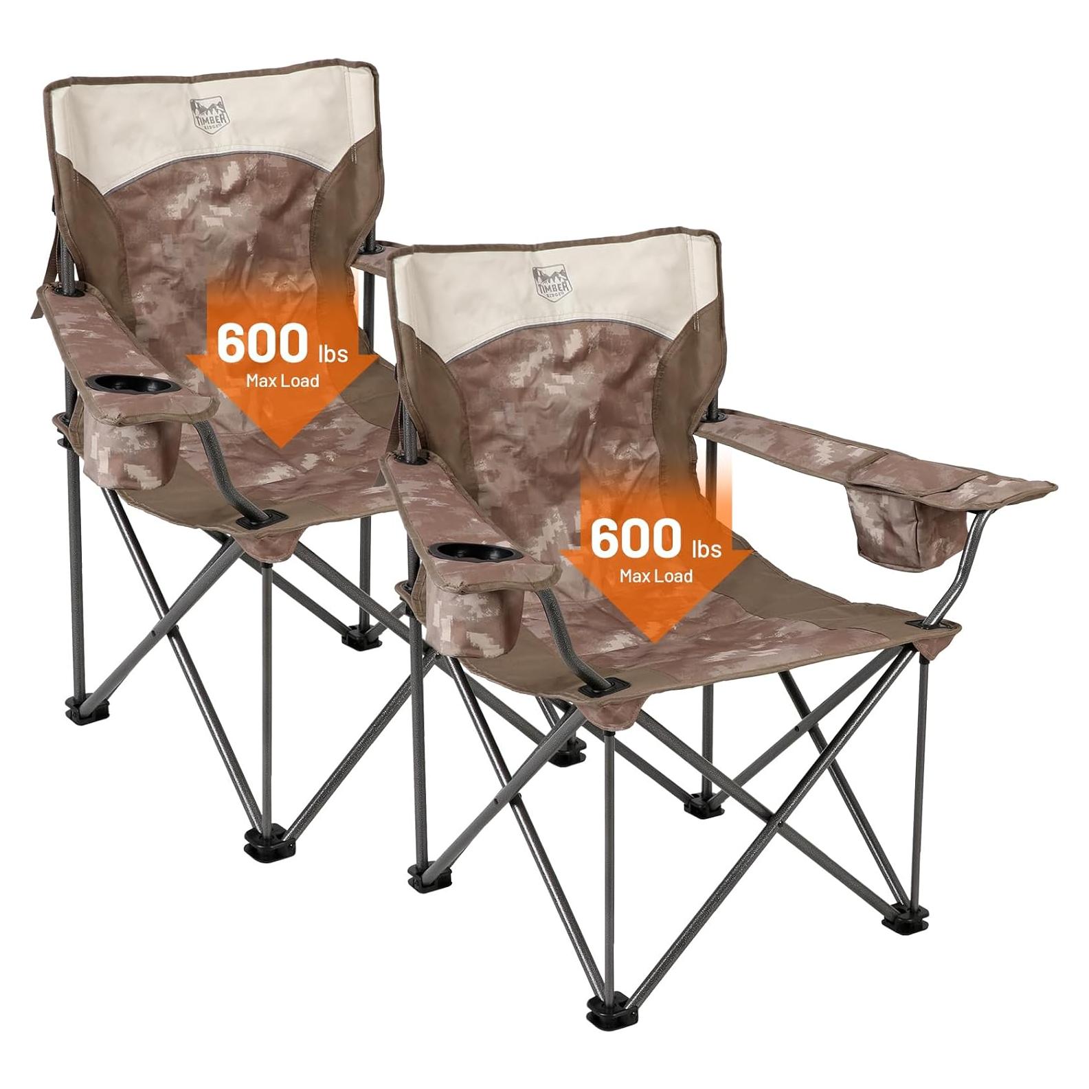 TIMBER RIDGE Oversized Camping Chair for Adults, Heavy Duty Folding Chairs Support 600 LBS, XXL Camp Chair Foldable with Cup Holder and Cooler Bag, Big and Tall Chair for Outdoor, Lawn, Picnic, Camo