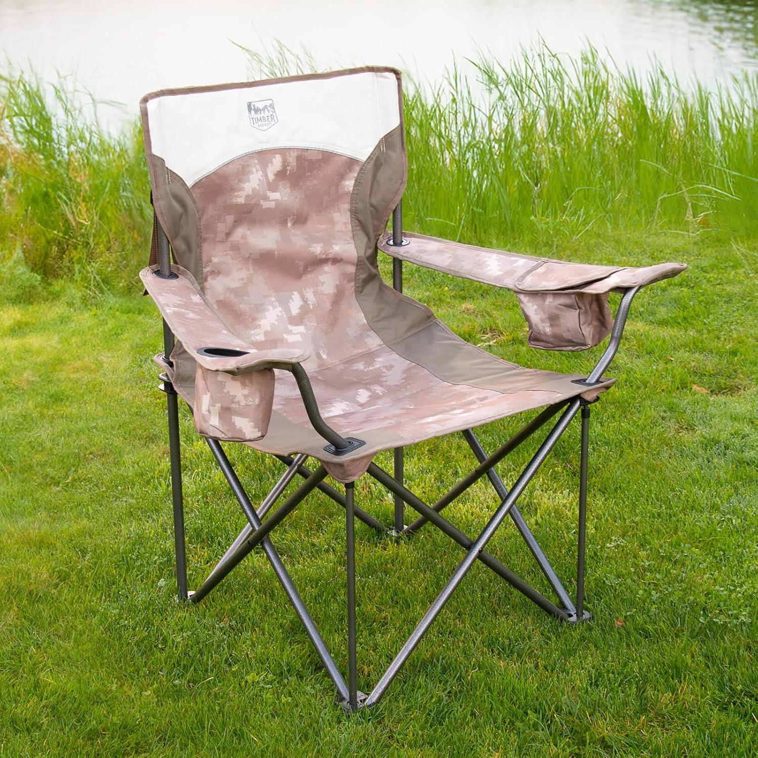 TIMBER RIDGE Oversized Camping Chair for Adults, Heavy Duty Folding Chairs Support 600 LBS, XXL Camp Chair Foldable with Cup Holder and Cooler Bag, Big and Tall Chair for Outdoor, Lawn, Picnic, Camo