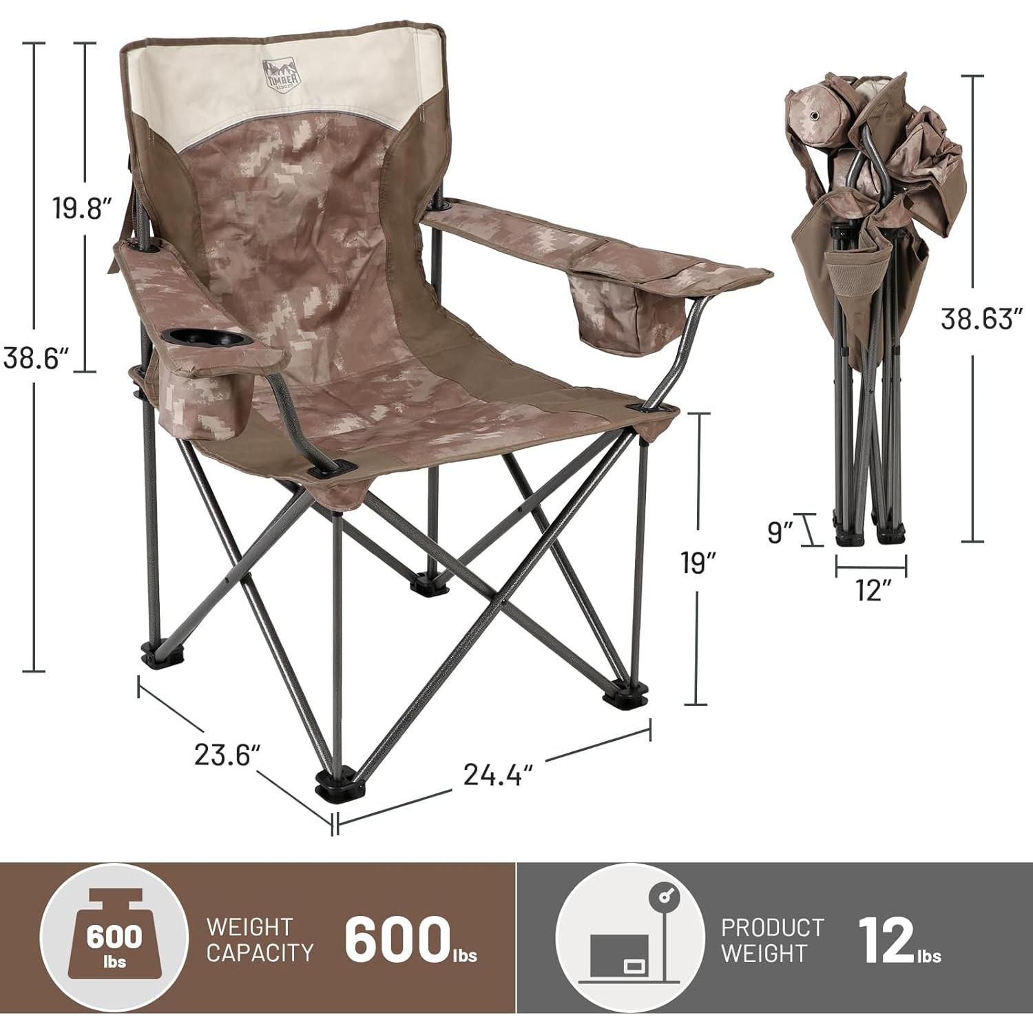 TIMBER RIDGE Oversized Camping Chair for Adults, Heavy Duty Folding Chairs Support 600 LBS, XXL Camp Chair Foldable with Cup Holder and Cooler Bag, Big and Tall Chair for Outdoor, Lawn, Picnic, Camo