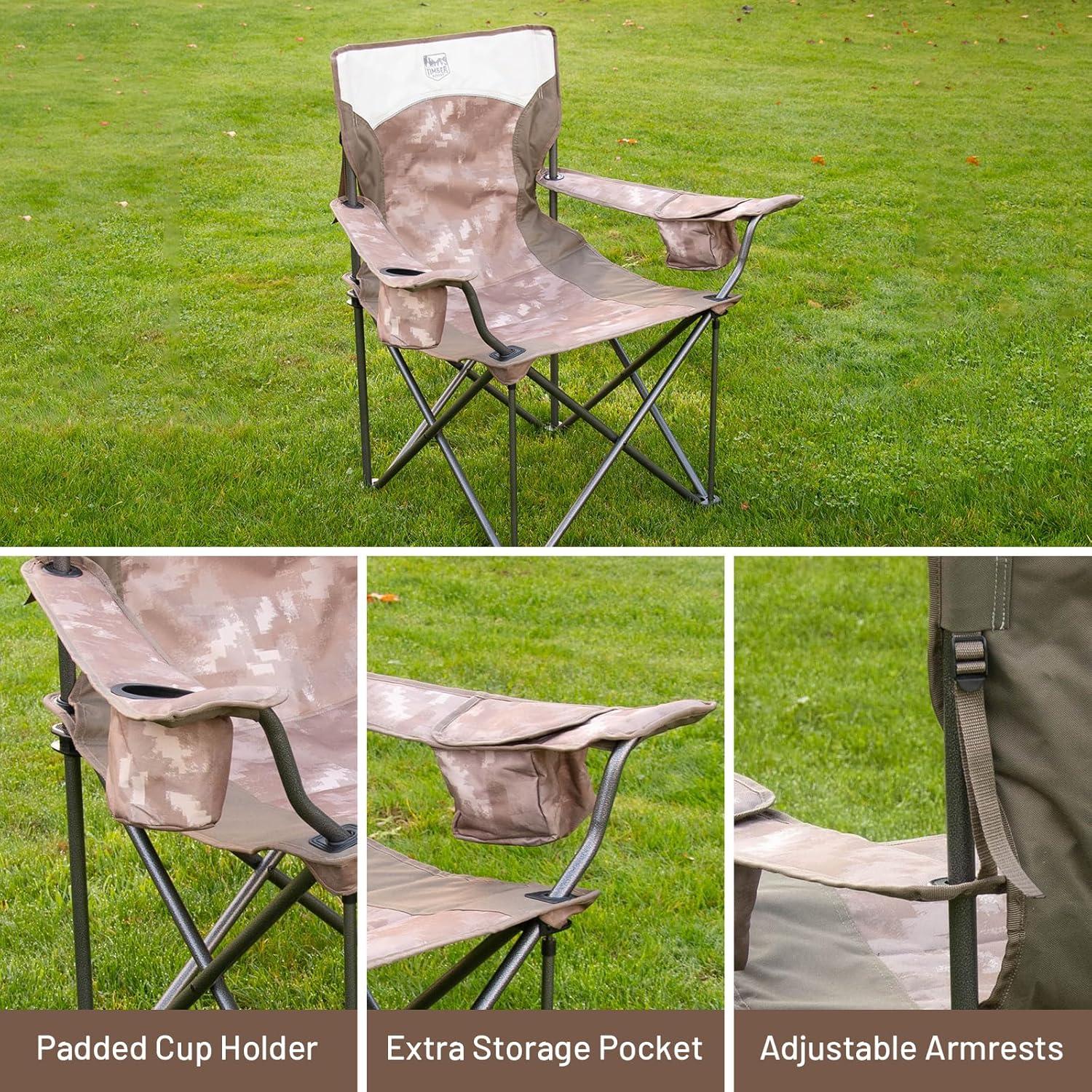 TIMBER RIDGE Oversized Camping Chair for Adults, Heavy Duty Folding Chairs Support 600 LBS, XXL Camp Chair Foldable with Cup Holder and Cooler Bag, Big and Tall Chair for Outdoor, Lawn, Picnic, Camo