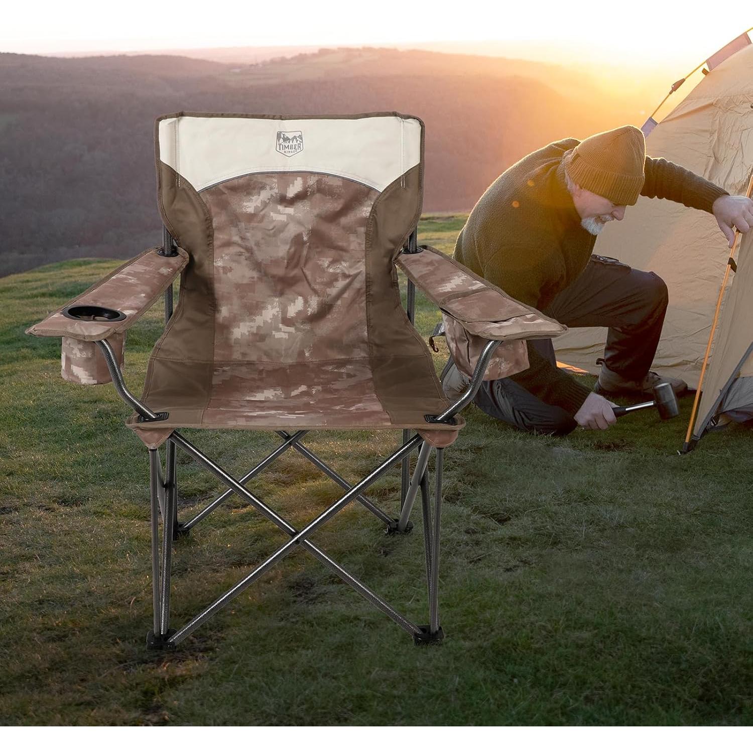 TIMBER RIDGE Oversized Camping Chair for Adults, Heavy Duty Folding Chairs Support 600 LBS, XXL Camp Chair Foldable with Cup Holder and Cooler Bag, Big and Tall Chair for Outdoor, Lawn, Picnic, Camo
