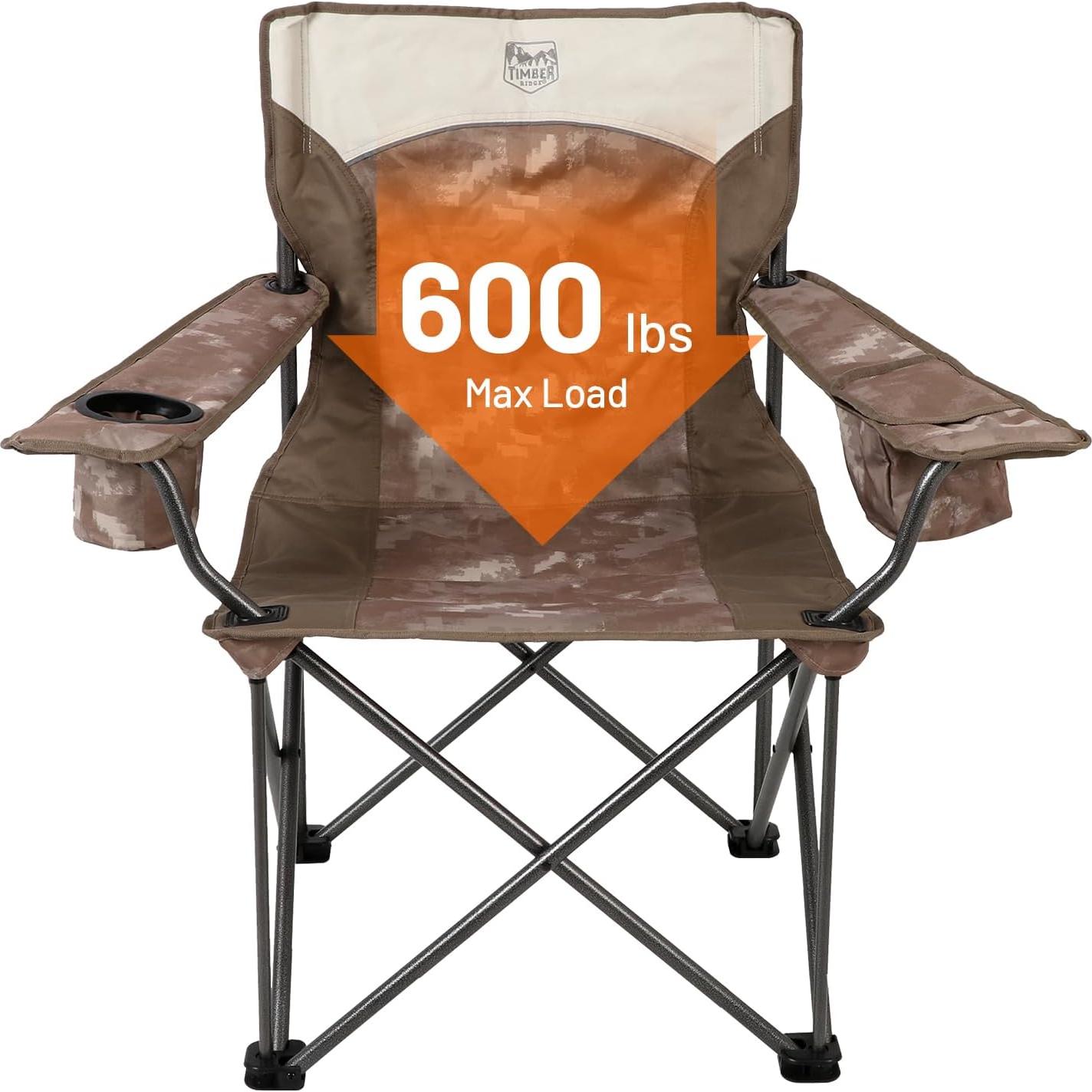 TIMBER RIDGE Oversized Camping Chair for Adults, Heavy Duty Folding Chairs Support 600 LBS, XXL Camp Chair Foldable with Cup Holder and Cooler Bag, Big and Tall Chair for Outdoor, Lawn, Picnic, Camo
