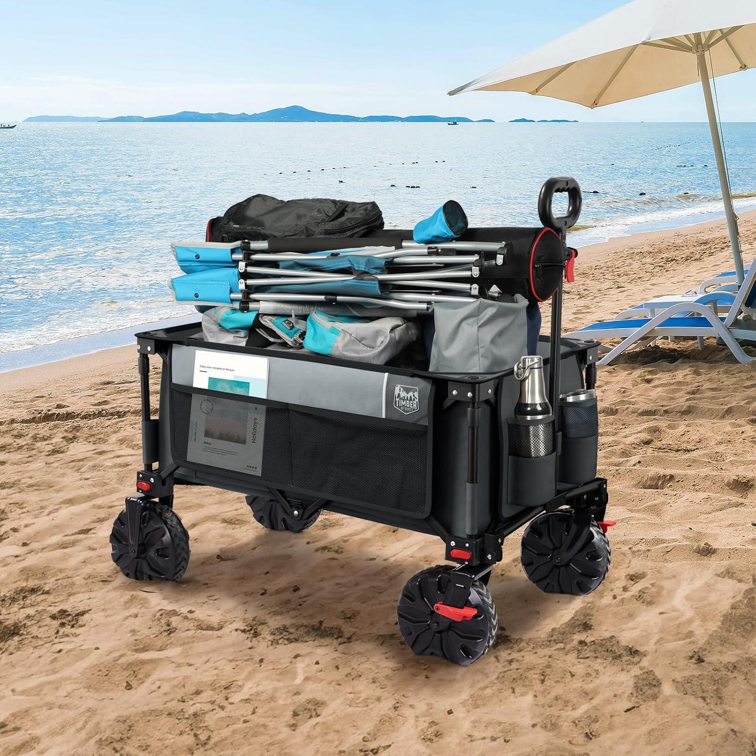 Outdoor Collapsible Wagon with Brakes Utility Folding Cart Heavy Duty All Terrain Wheels for Shopping Camping Garden with Side Bag and Cup Holders, Grey