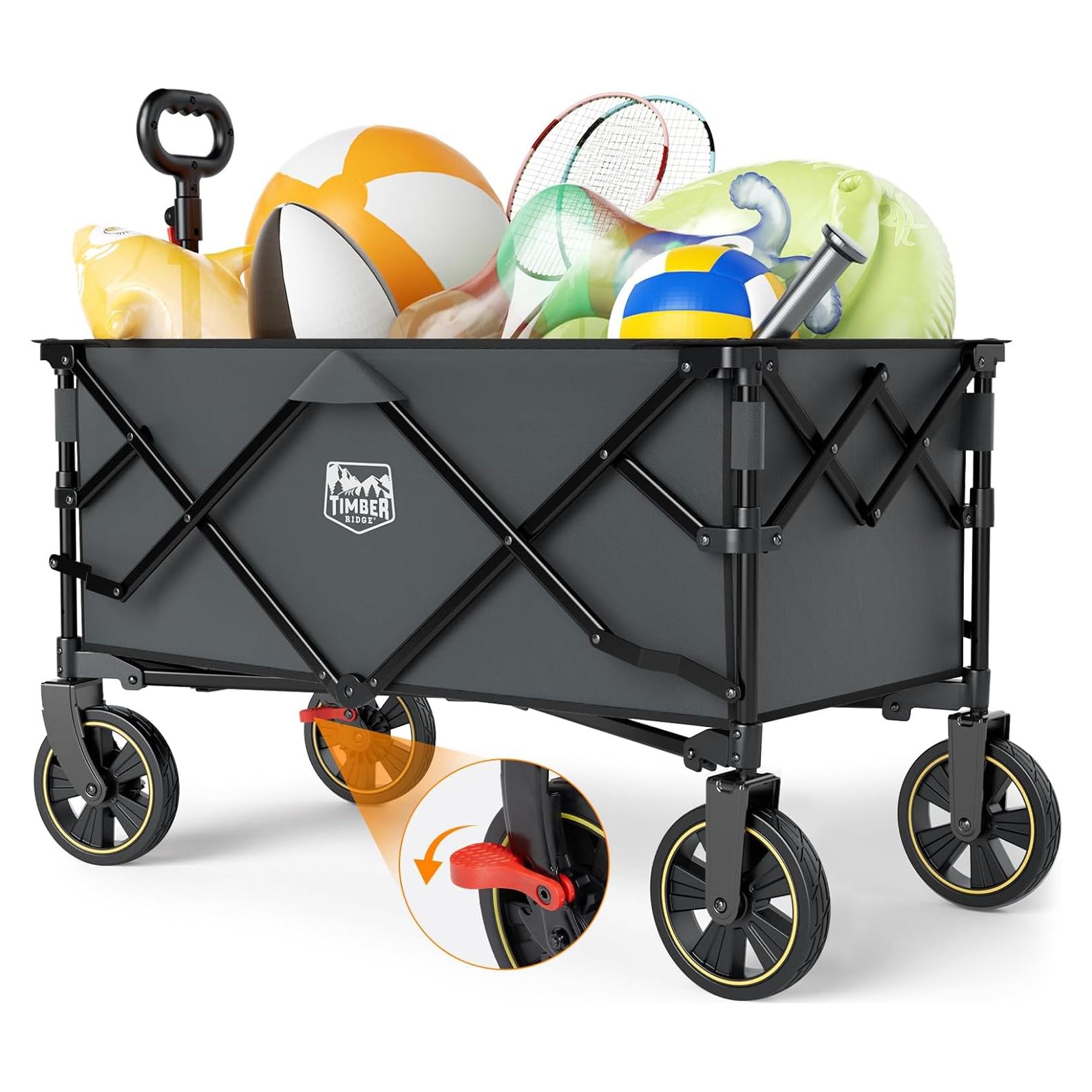 Collapsible Wagon Cart with Brakes, 200L Large Capacity Compact Portable Easy to Carry Folding Wagon, Utility Grocery Cart for Camping, Gardening, Shopping