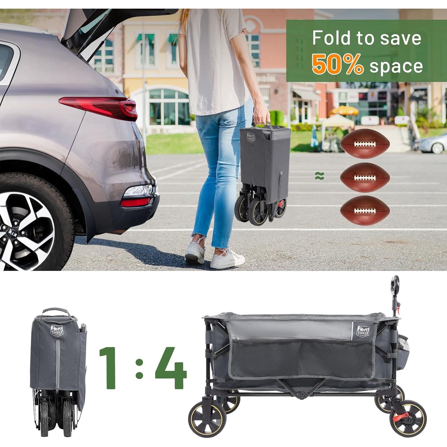 Collapsible Wagon Cart with Brakes, 200L Large Capacity Compact Portable Easy to Carry Folding Wagon, Utility Grocery Cart for Camping, Gardening, Shopping