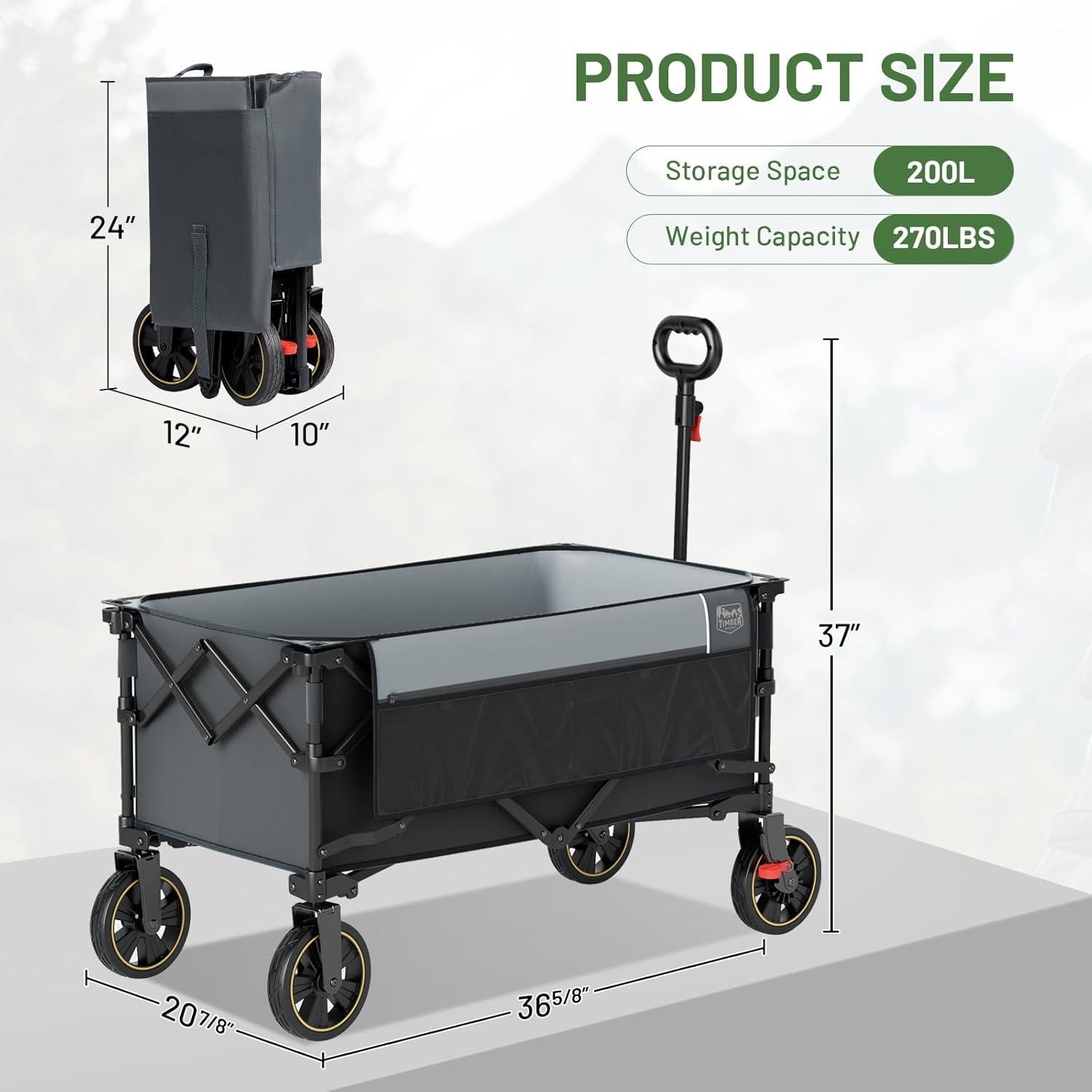 Collapsible Wagon Cart with Brakes, 200L Large Capacity Compact Portable Easy to Carry Folding Wagon, Utility Grocery Cart for Camping, Gardening, Shopping