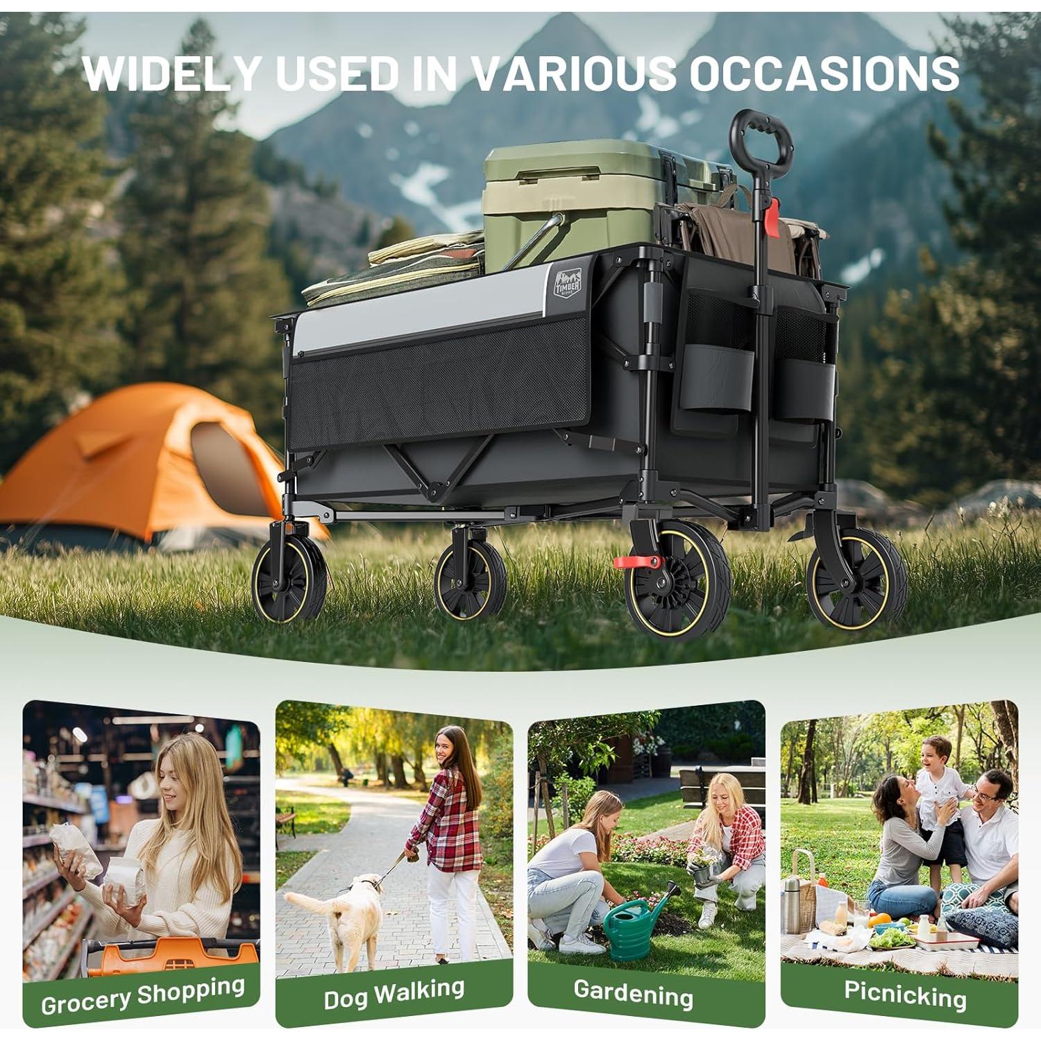 Collapsible Wagon Cart with Brakes, 200L Large Capacity Compact Portable Easy to Carry Folding Wagon, Utility Grocery Cart for Camping, Gardening, Shopping
