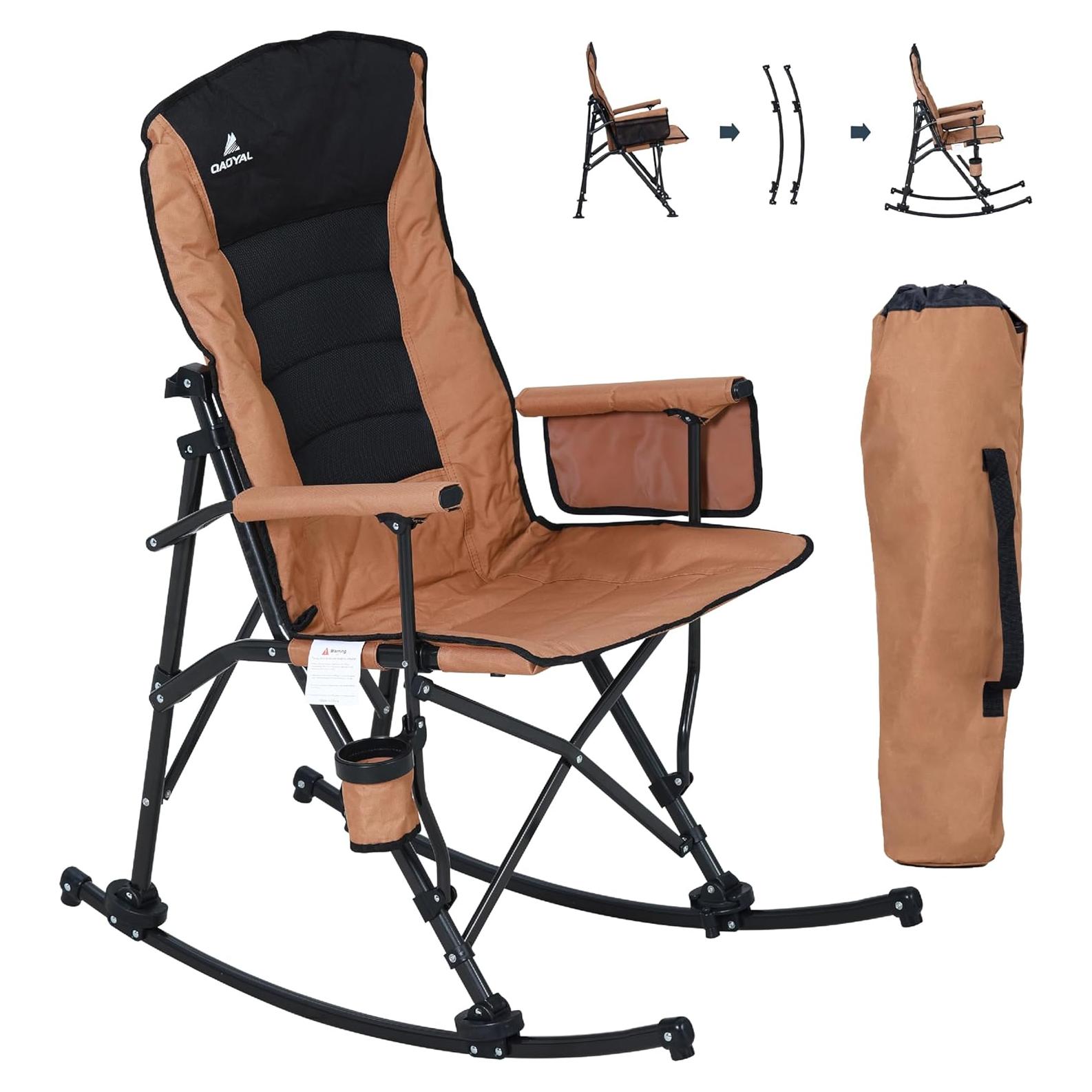 Oversized Folding Rocking Camping Chair for Adults, Adjustable Padded Backrest Rocker Chair with Hard Armrests, Portable Outdoor Chairs for Patio, Lawn and Garden(Supports 350lbs), Brown