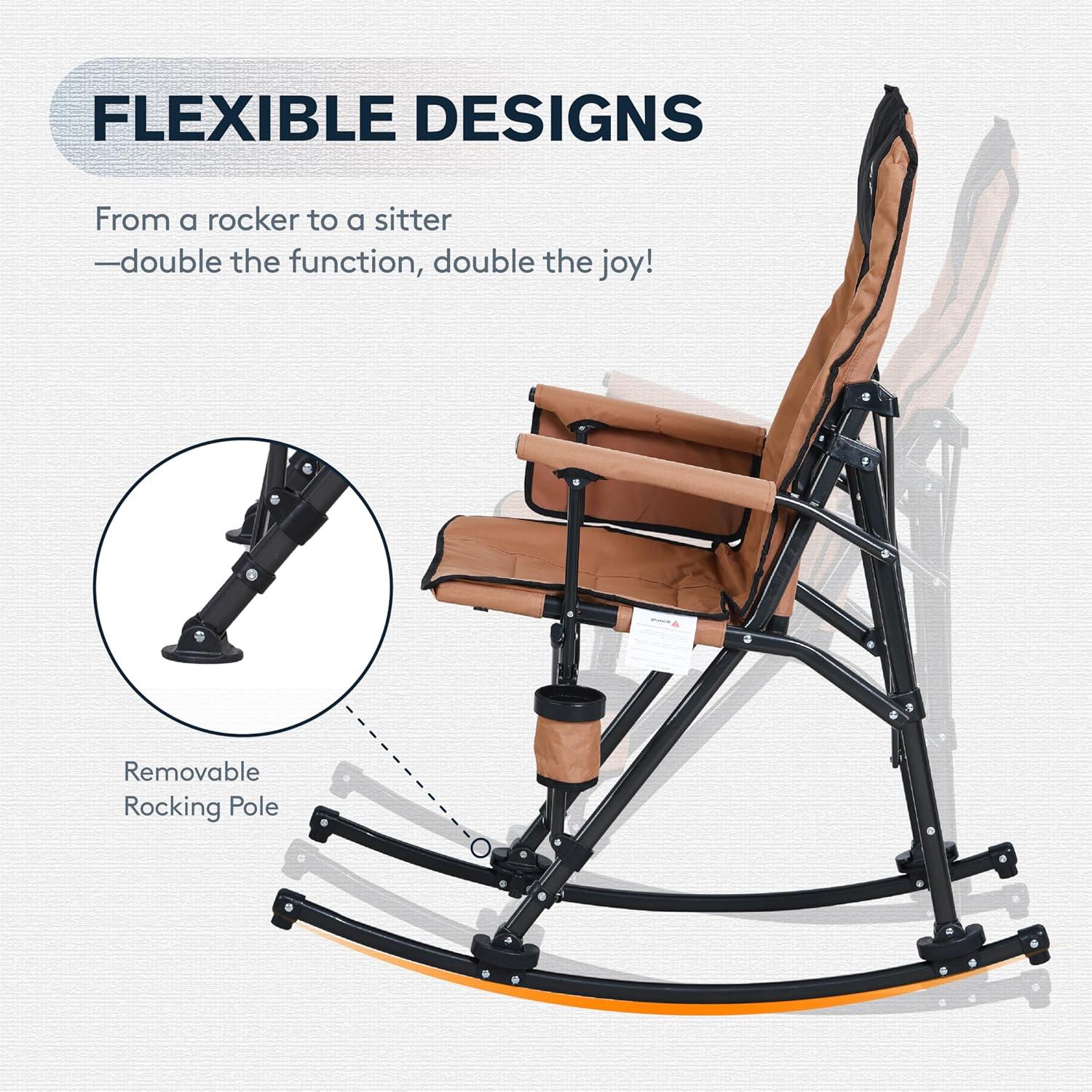 Oversized Folding Rocking Camping Chair for Adults, Adjustable Padded Backrest Rocker Chair with Hard Armrests, Portable Outdoor Chairs for Patio, Lawn and Garden(Supports 350lbs), Brown