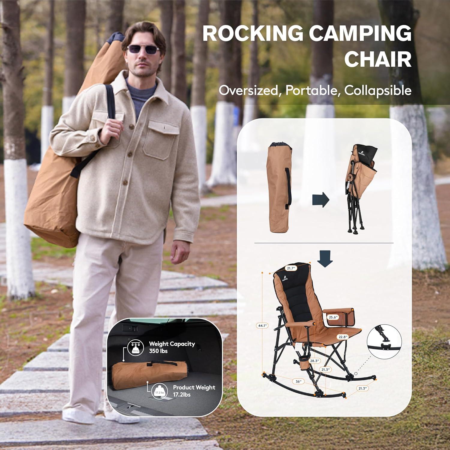 Oversized Folding Rocking Camping Chair for Adults, Adjustable Padded Backrest Rocker Chair with Hard Armrests, Portable Outdoor Chairs for Patio, Lawn and Garden(Supports 350lbs), Brown