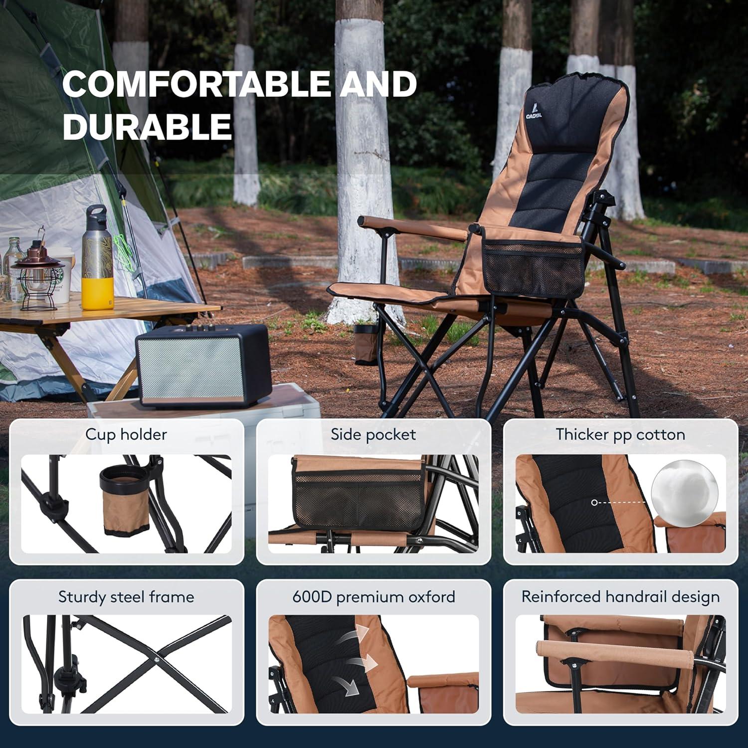 Oversized Folding Rocking Camping Chair for Adults, Adjustable Padded Backrest Rocker Chair with Hard Armrests, Portable Outdoor Chairs for Patio, Lawn and Garden(Supports 350lbs), Brown