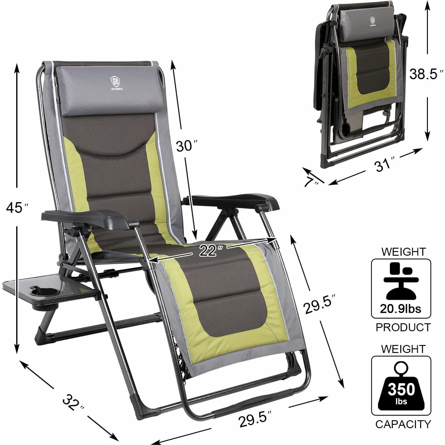 EVER ADVANCED Oversize XL Zero Gravity Recliner Padded Patio Lounger Chair with Adjustable Headrest Support 350lbs (Olive Green)