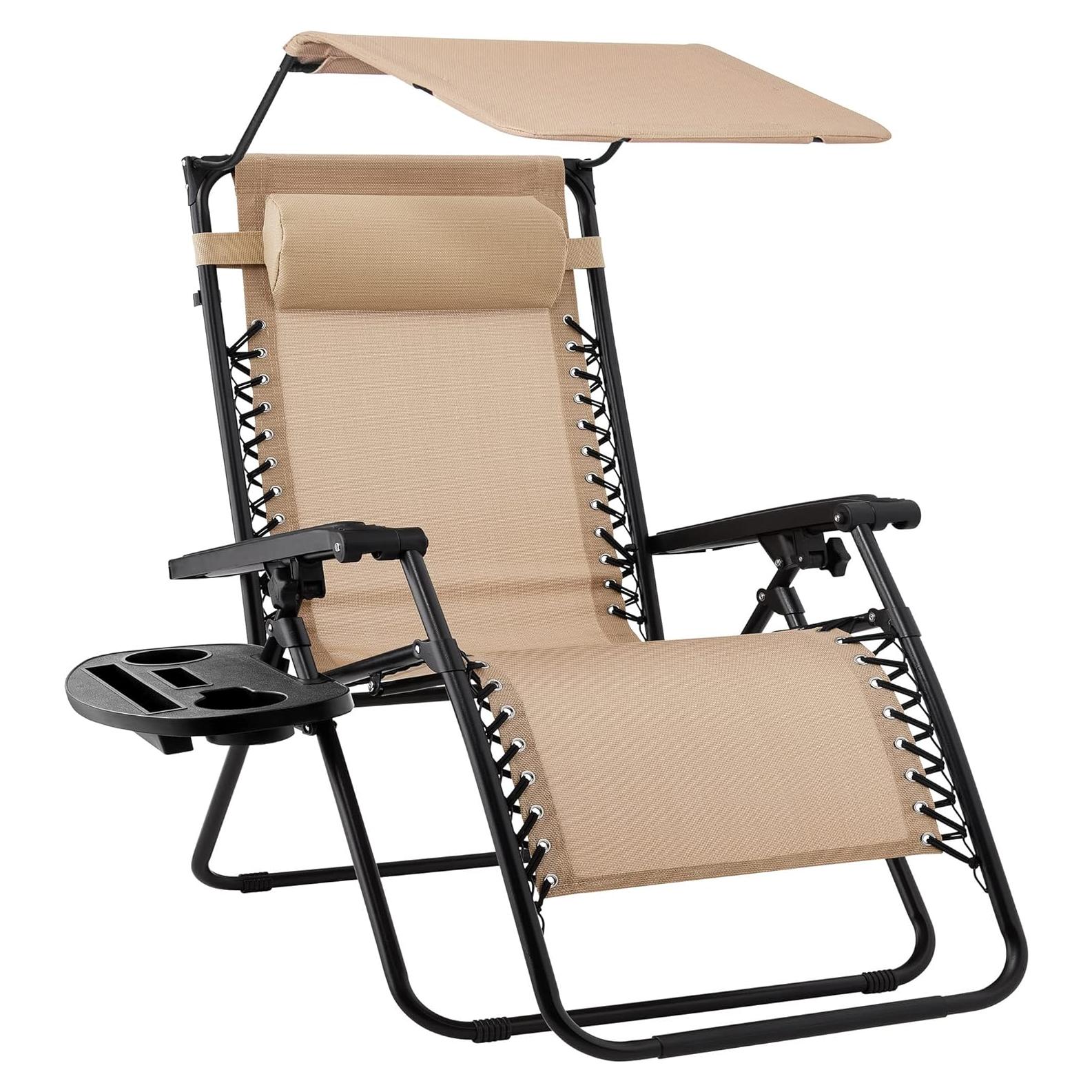 Silla de Patio Reclinable Plegable Mejor Opción Beige con Sombrilla