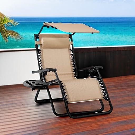 Silla de Patio Reclinable Plegable Mejor Opción Beige con Sombrilla