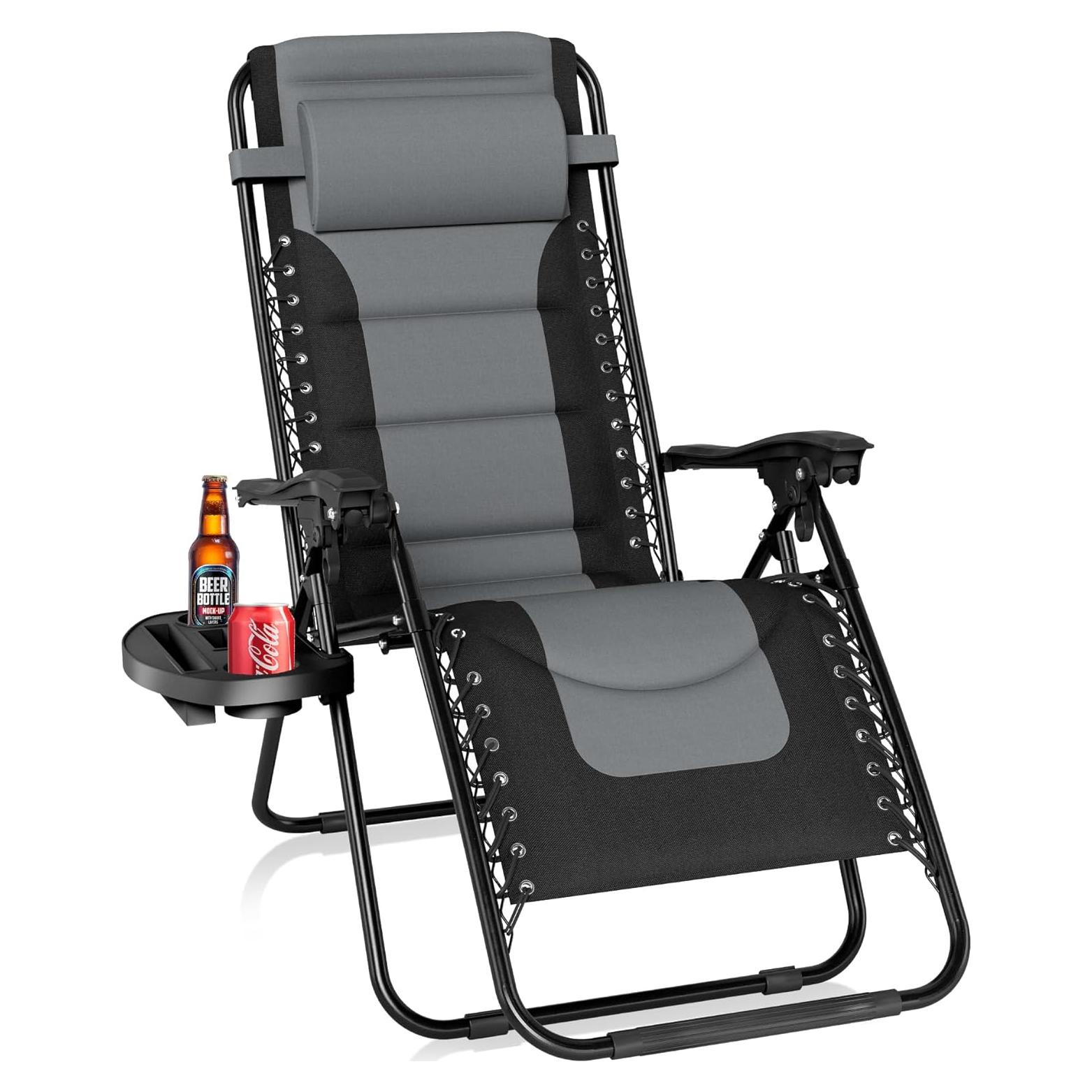 PHI VILLA Outdoor Patio Padded Zero Gravity Chair, Foldable Patio Recliner, 26" Wide Seat Anti Gravity Lounger with Cup Holder, Support 350 LBS (Grey)