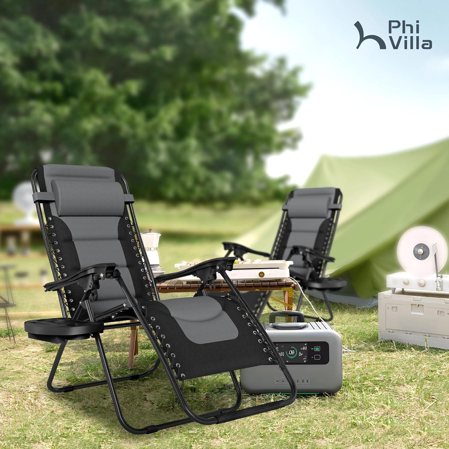 PHI VILLA Outdoor Patio Padded Zero Gravity Chair, Foldable Patio Recliner, 26" Wide Seat Anti Gravity Lounger with Cup Holder, Support 350 LBS (Grey)
