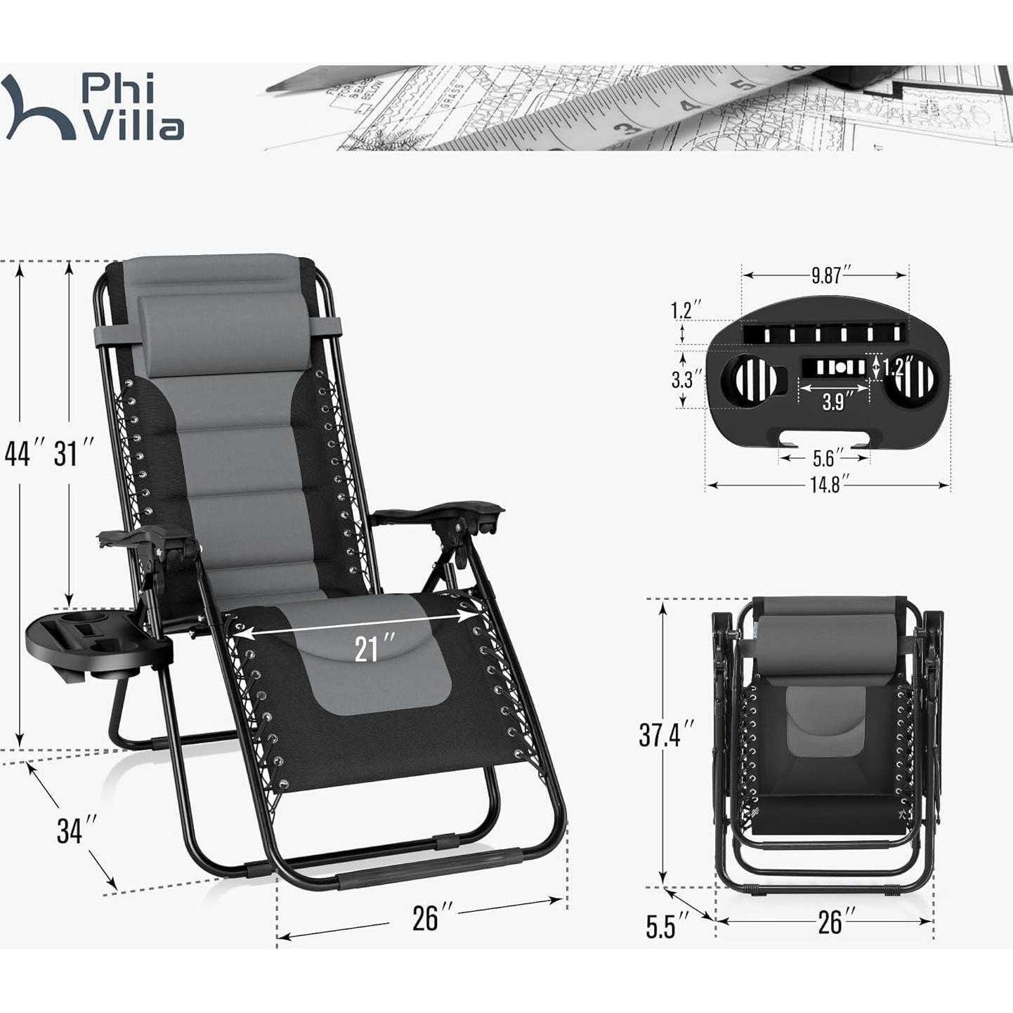 PHI VILLA Outdoor Patio Padded Zero Gravity Chair, Foldable Patio Recliner, 26" Wide Seat Anti Gravity Lounger with Cup Holder, Support 350 LBS (Grey)