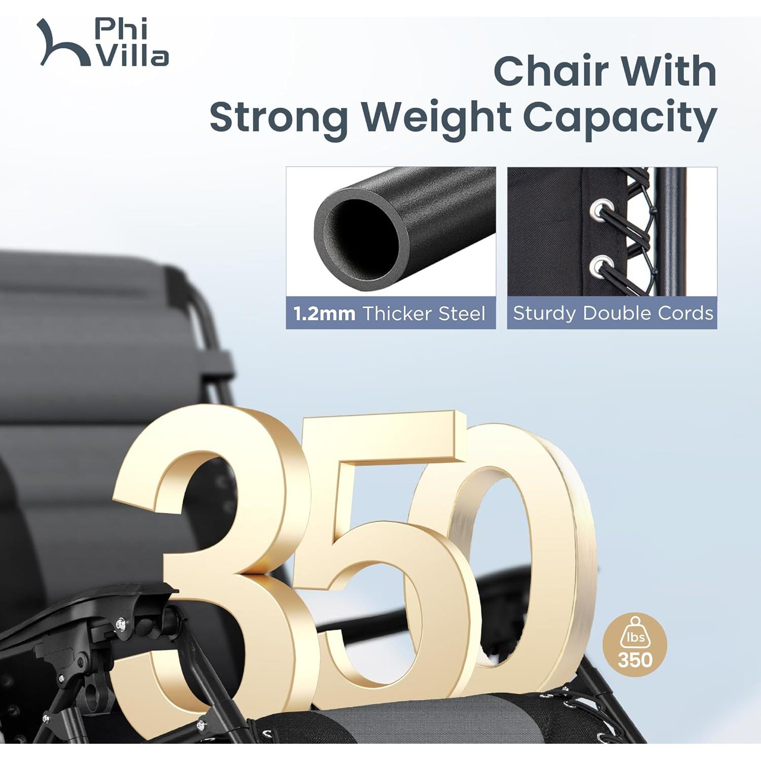 PHI VILLA Outdoor Patio Padded Zero Gravity Chair, Foldable Patio Recliner, 26" Wide Seat Anti Gravity Lounger with Cup Holder, Support 350 LBS (Grey)