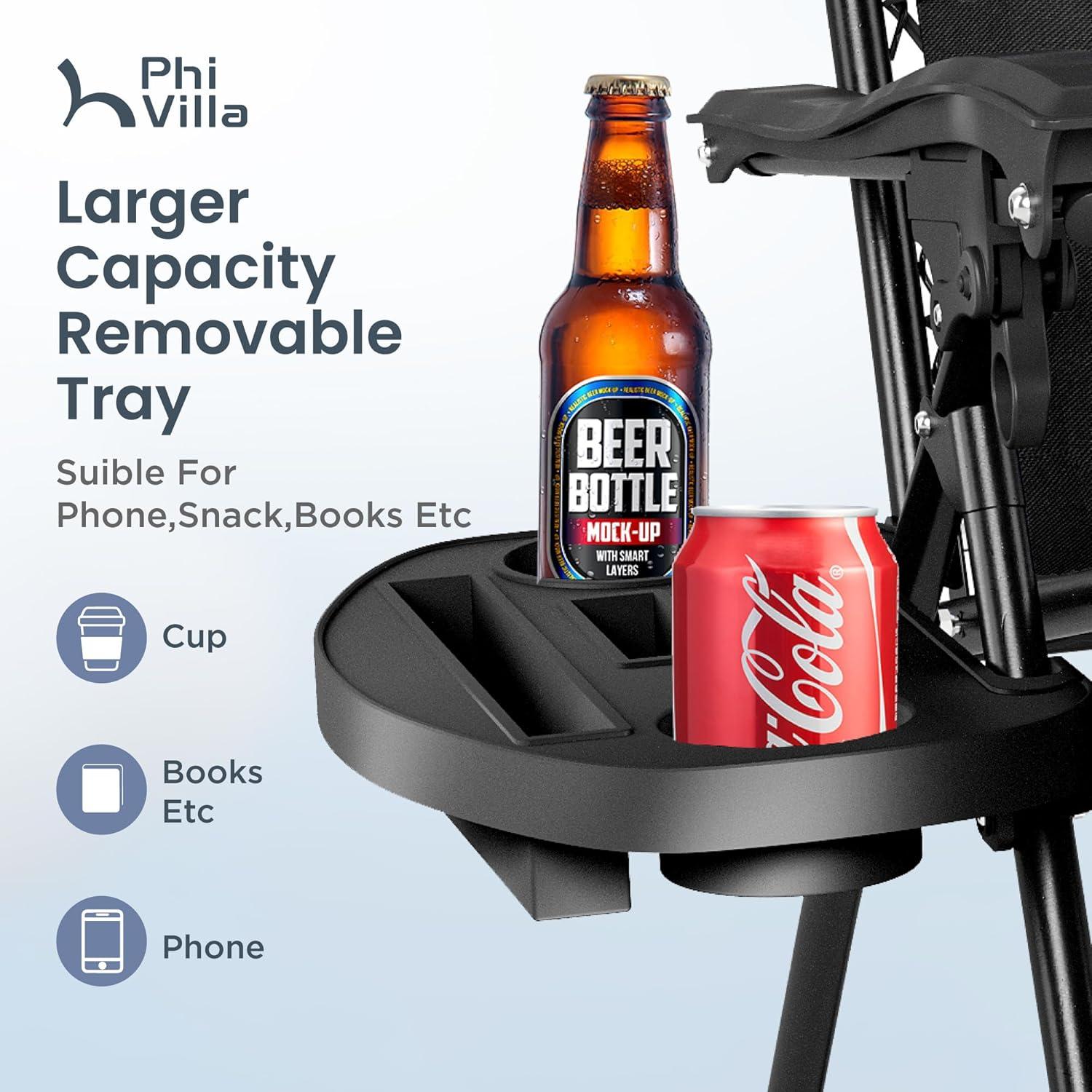 PHI VILLA Outdoor Patio Padded Zero Gravity Chair, Foldable Patio Recliner, 26" Wide Seat Anti Gravity Lounger with Cup Holder, Support 350 LBS (Grey)