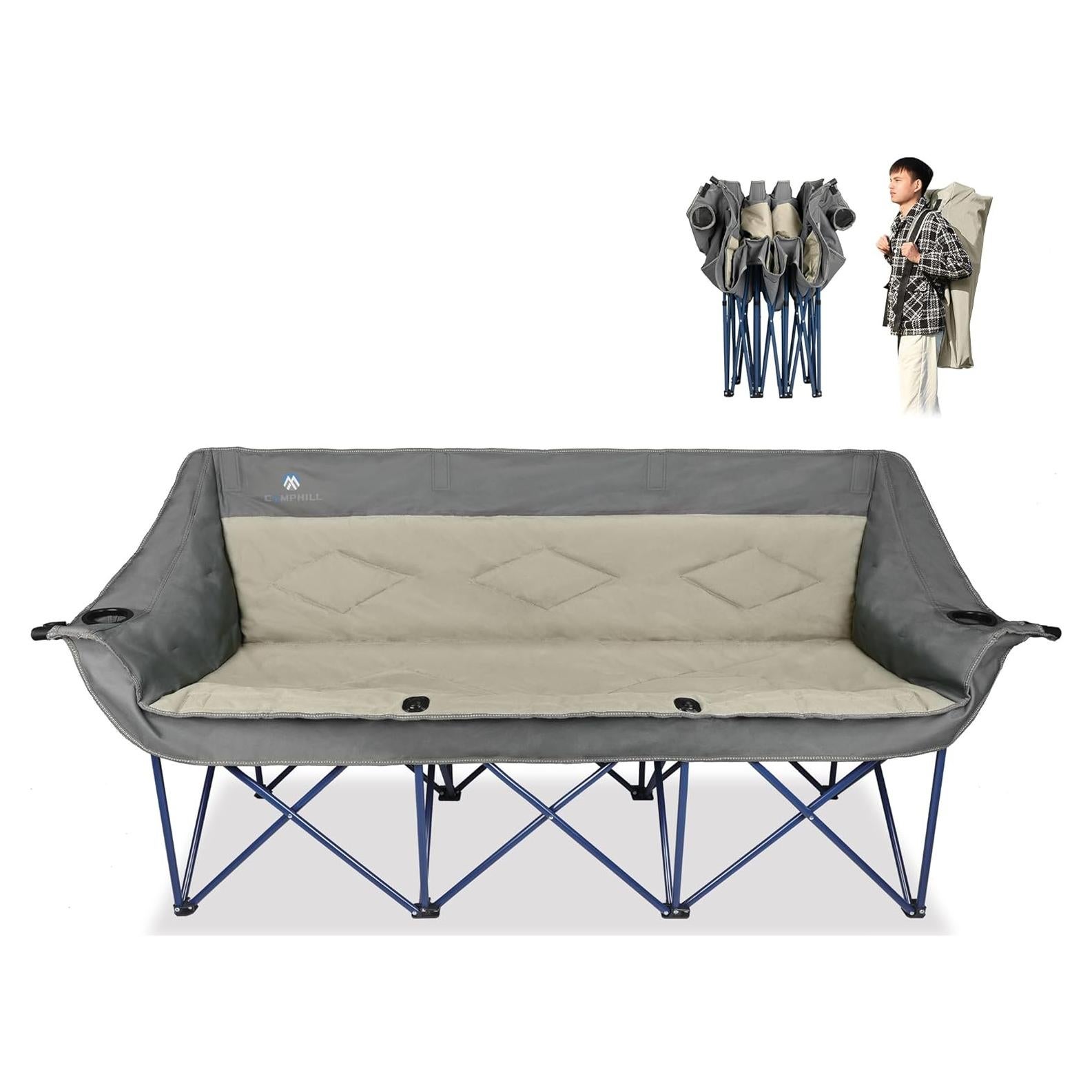 Oversized 3 Person Camping Chair for Adults,Outdoor Folding Sofa Heavy-Duty Loveseat Couch Chair with Thick Padding for Family,Garden,Campsites,Backyard Parties,Supports 900 LBS