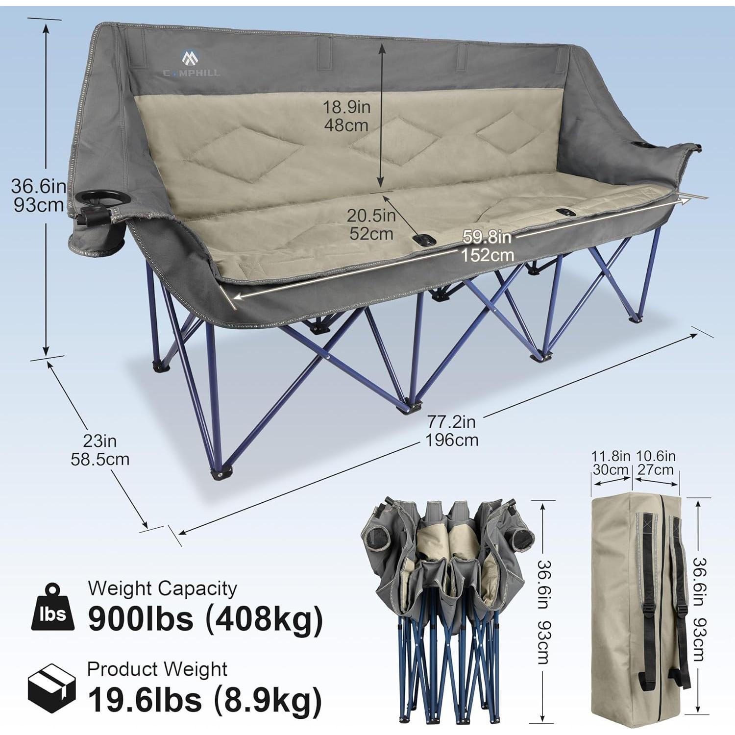 Oversized 3 Person Camping Chair for Adults,Outdoor Folding Sofa Heavy-Duty Loveseat Couch Chair with Thick Padding for Family,Garden,Campsites,Backyard Parties,Supports 900 LBS