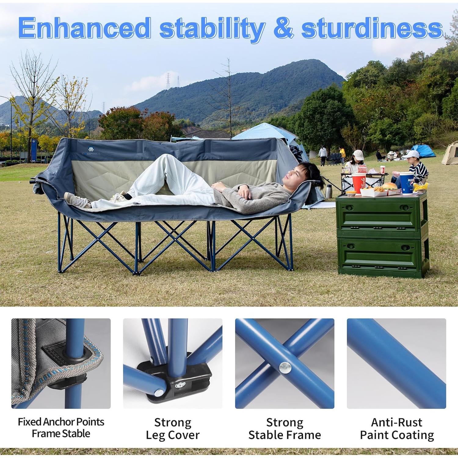 Oversized 3 Person Camping Chair for Adults,Outdoor Folding Sofa Heavy-Duty Loveseat Couch Chair with Thick Padding for Family,Garden,Campsites,Backyard Parties,Supports 900 LBS