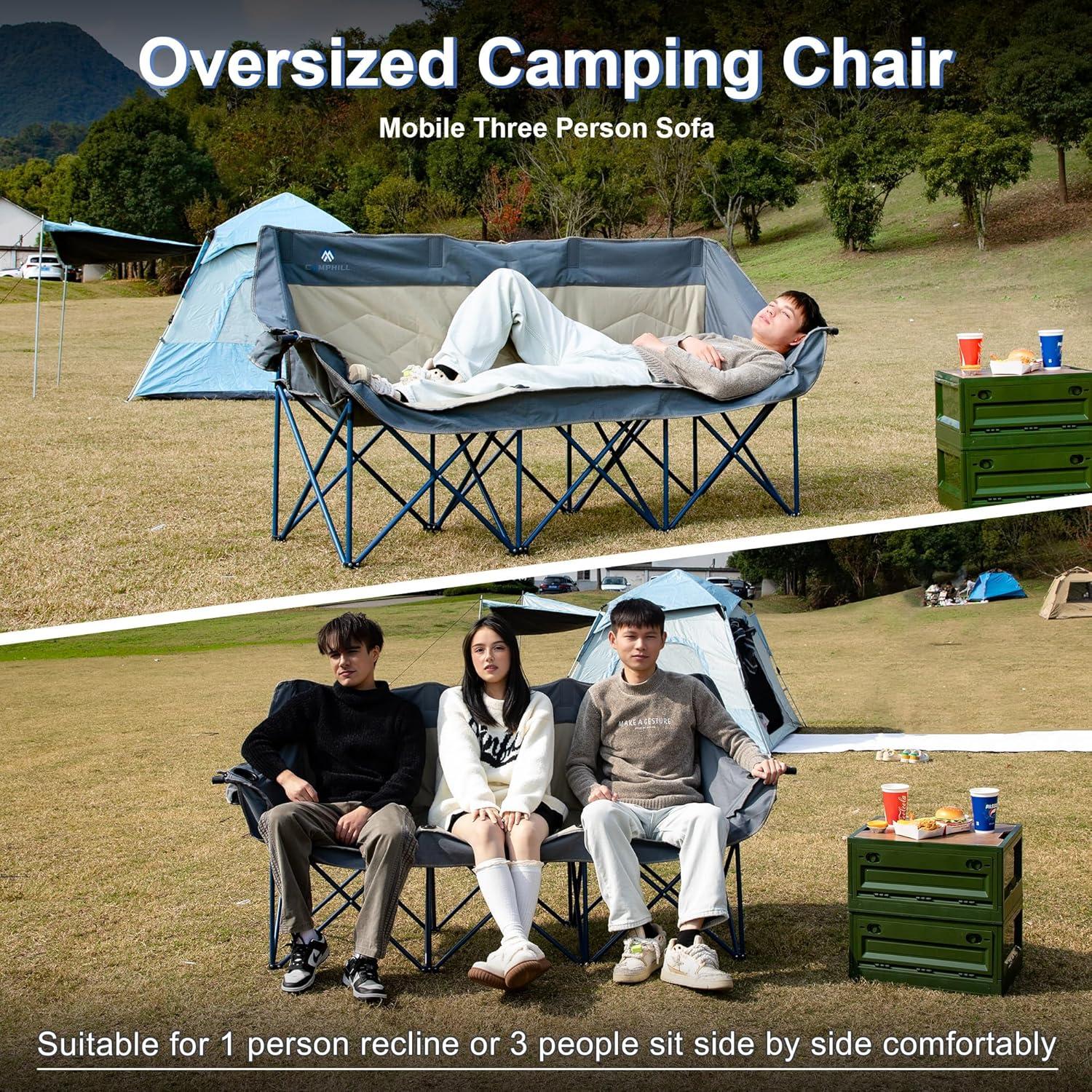 Oversized 3 Person Camping Chair for Adults,Outdoor Folding Sofa Heavy-Duty Loveseat Couch Chair with Thick Padding for Family,Garden,Campsites,Backyard Parties,Supports 900 LBS