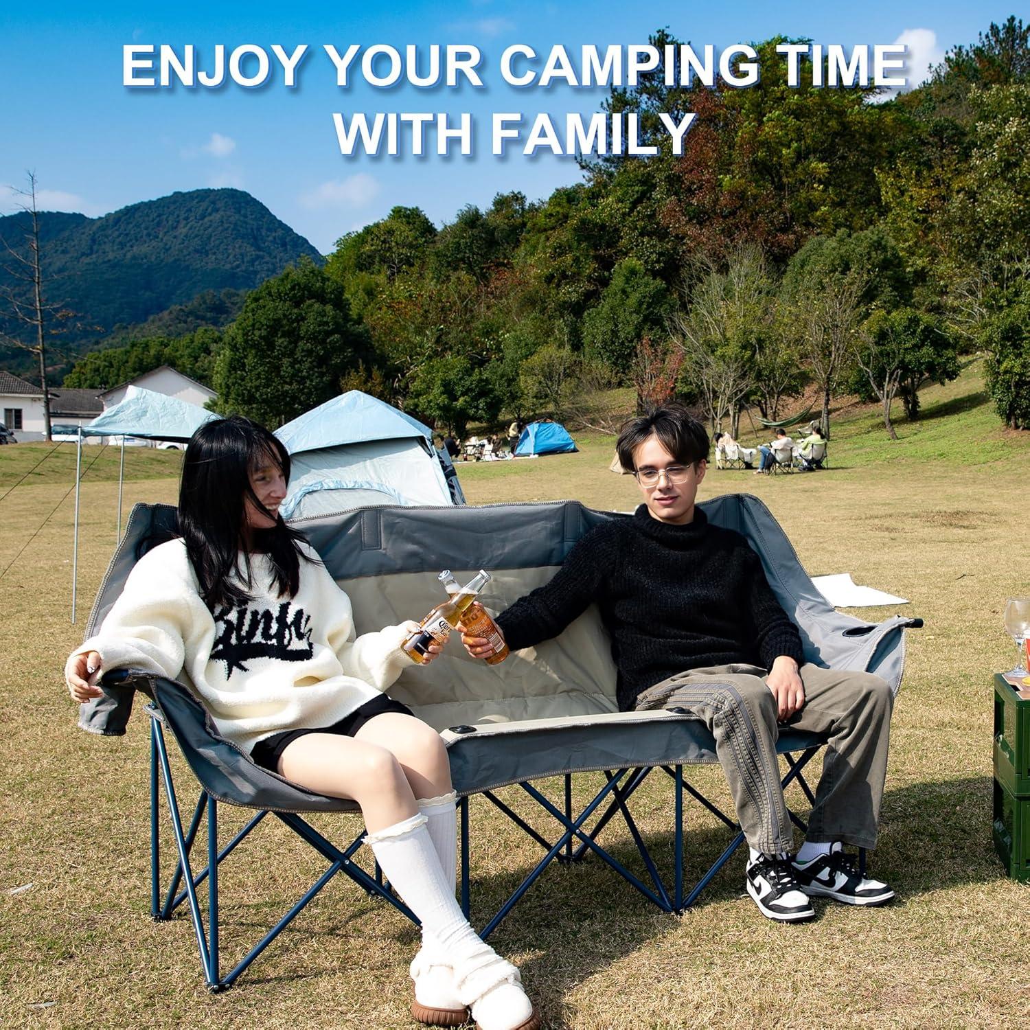 Oversized 3 Person Camping Chair for Adults,Outdoor Folding Sofa Heavy-Duty Loveseat Couch Chair with Thick Padding for Family,Garden,Campsites,Backyard Parties,Supports 900 LBS