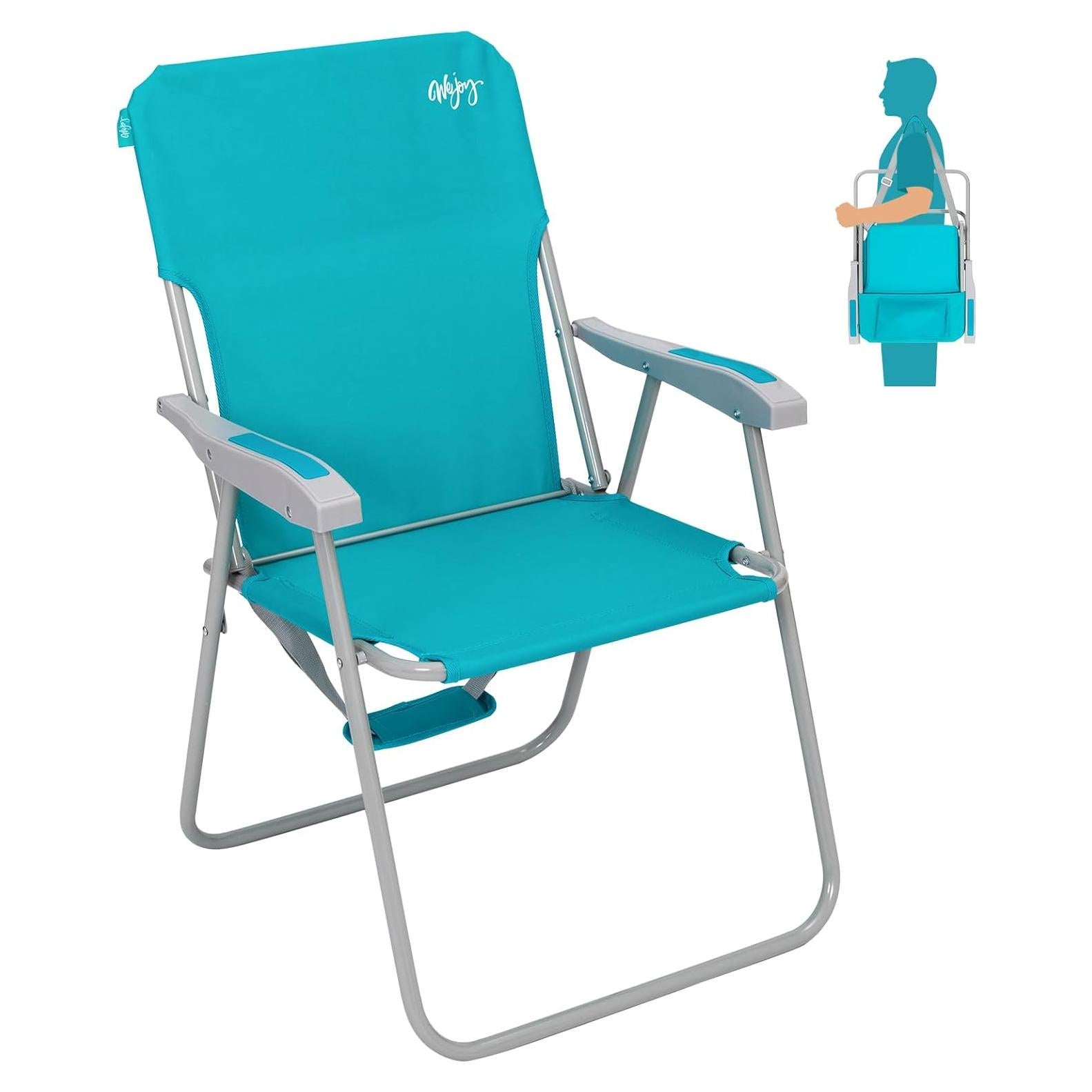 Folding Beach Chair for Adults, Lightweight Beach Chair with Shoulder Straps, High Back Beach Chairs with Hard Armrest, Supports 300lbs for Beach Lawn Concert