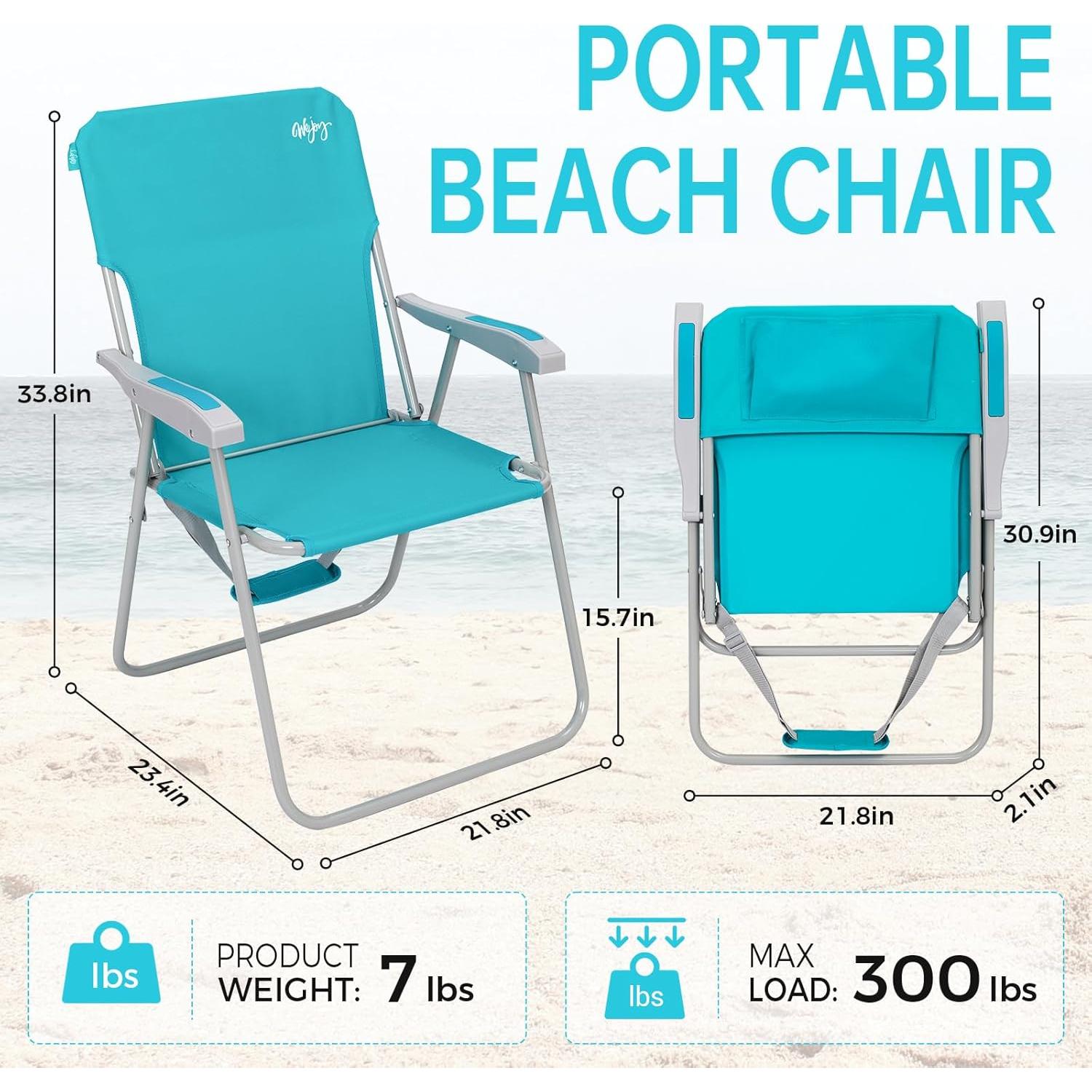 Folding Beach Chair for Adults, Lightweight Beach Chair with Shoulder Straps, High Back Beach Chairs with Hard Armrest, Supports 300lbs for Beach Lawn Concert