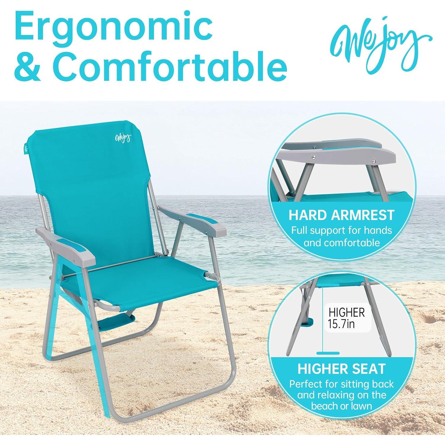 Folding Beach Chair for Adults, Lightweight Beach Chair with Shoulder Straps, High Back Beach Chairs with Hard Armrest, Supports 300lbs for Beach Lawn Concert