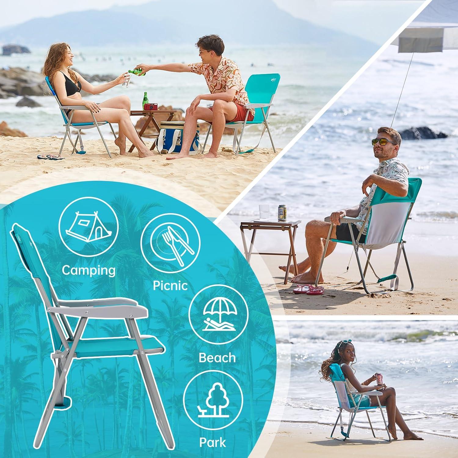 Folding Beach Chair for Adults, Lightweight Beach Chair with Shoulder Straps, High Back Beach Chairs with Hard Armrest, Supports 300lbs for Beach Lawn Concert
