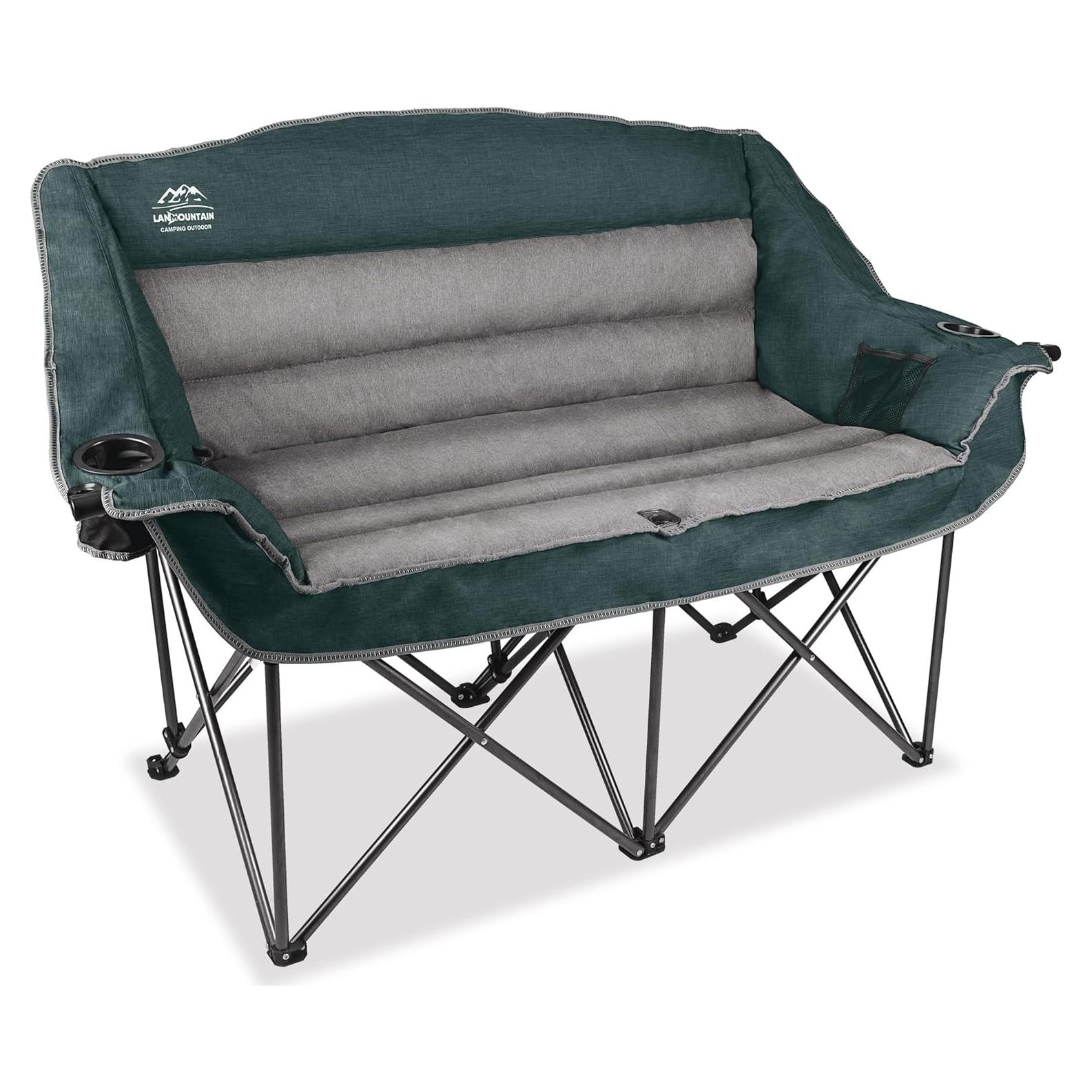Fully Padded Folding Double Camping Chairs,Comfy Oversized Loveseat Lawn Chair w/Wine Glass Holder,Cup Holder,Heavy Duty Outdoor Portable Camp Couch Support 600 Lbs,Dark Green
