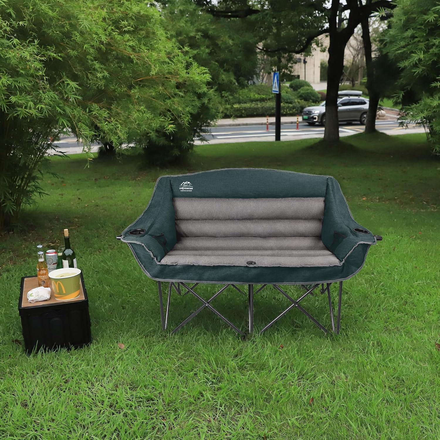 Fully Padded Folding Double Camping Chairs,Comfy Oversized Loveseat Lawn Chair w/Wine Glass Holder,Cup Holder,Heavy Duty Outdoor Portable Camp Couch Support 600 Lbs,Dark Green