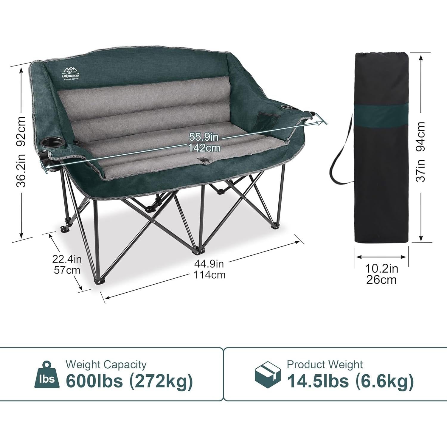 Fully Padded Folding Double Camping Chairs,Comfy Oversized Loveseat Lawn Chair w/Wine Glass Holder,Cup Holder,Heavy Duty Outdoor Portable Camp Couch Support 600 Lbs,Dark Green