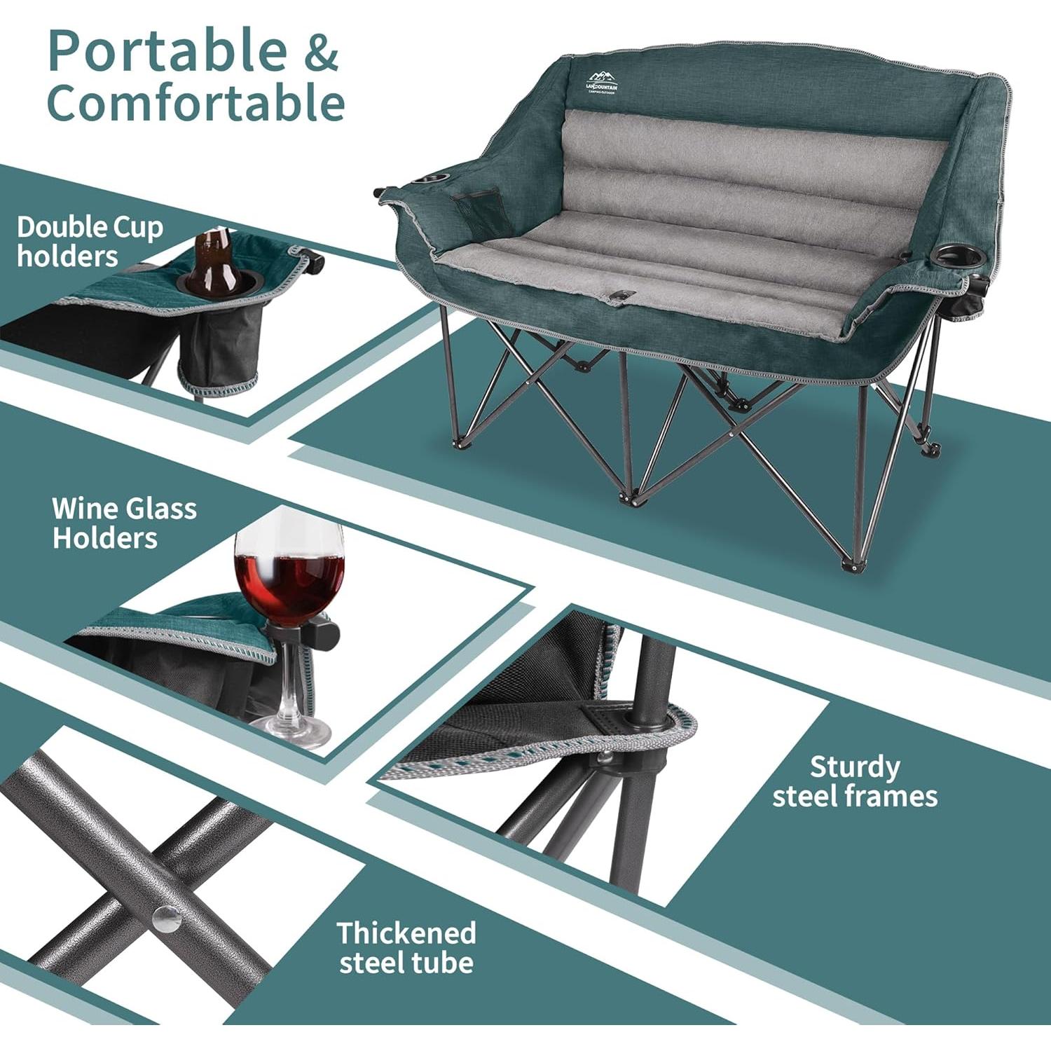 Fully Padded Folding Double Camping Chairs,Comfy Oversized Loveseat Lawn Chair w/Wine Glass Holder,Cup Holder,Heavy Duty Outdoor Portable Camp Couch Support 600 Lbs,Dark Green
