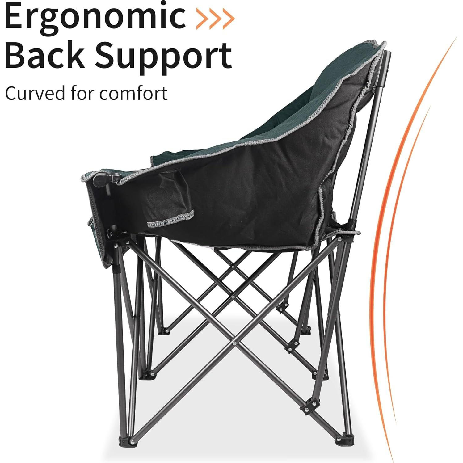 Fully Padded Folding Double Camping Chairs,Comfy Oversized Loveseat Lawn Chair w/Wine Glass Holder,Cup Holder,Heavy Duty Outdoor Portable Camp Couch Support 600 Lbs,Dark Green