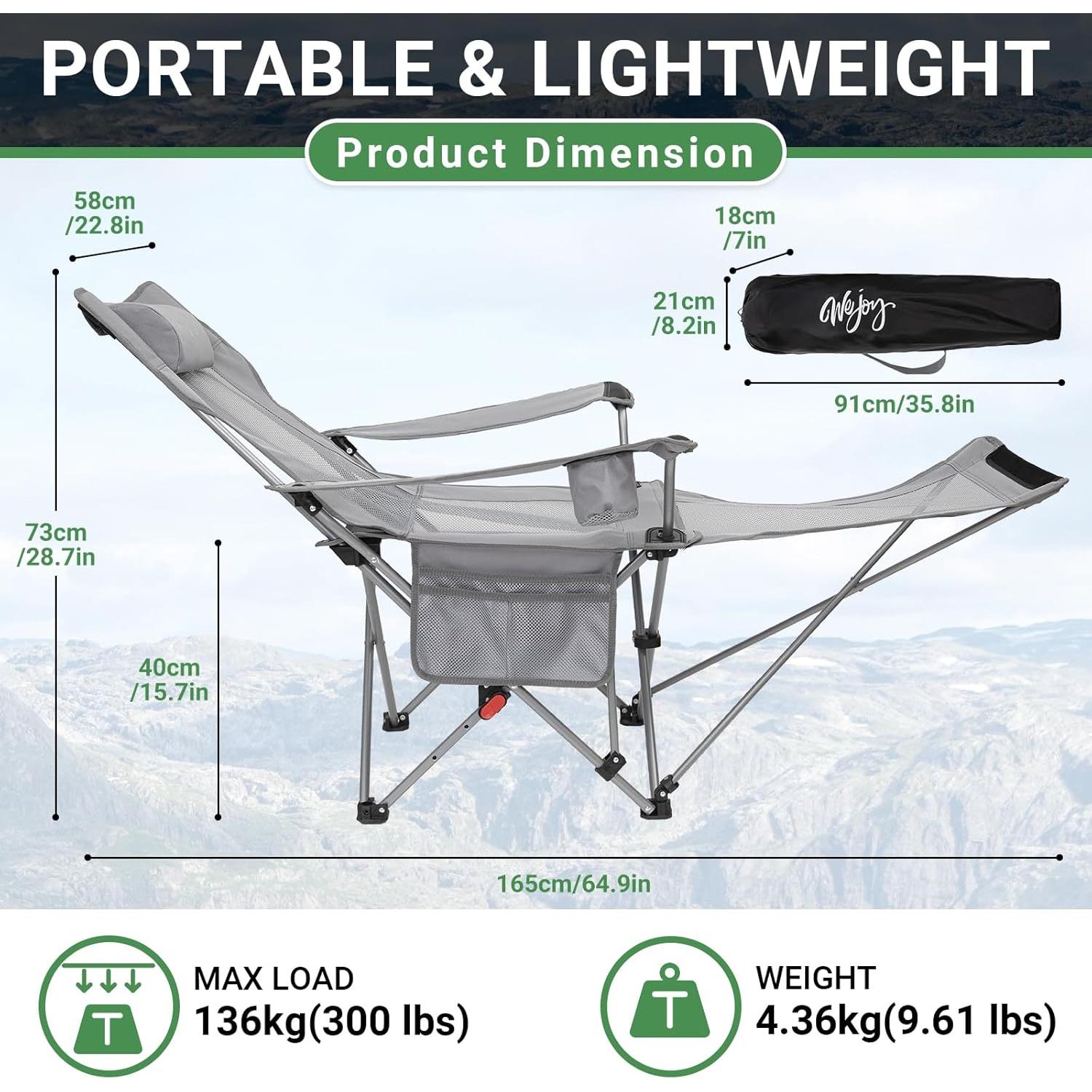 #WEJOY 2-in-1 Reclining Camping Chair, Lightweight Folding Camping Chair with Adjustable Backrest & Footrest, Camping Lounge Chair with Headrest, Cup Holder, Storage Bag, for Beach, Lawn, Concert