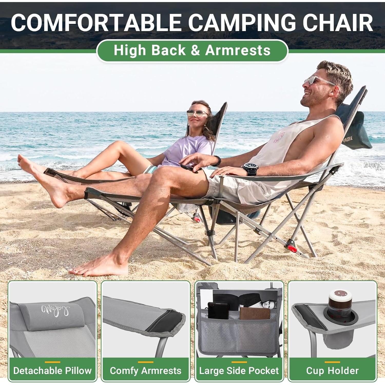 #WEJOY 2-in-1 Reclining Camping Chair, Lightweight Folding Camping Chair with Adjustable Backrest & Footrest, Camping Lounge Chair with Headrest, Cup Holder, Storage Bag, for Beach, Lawn, Concert