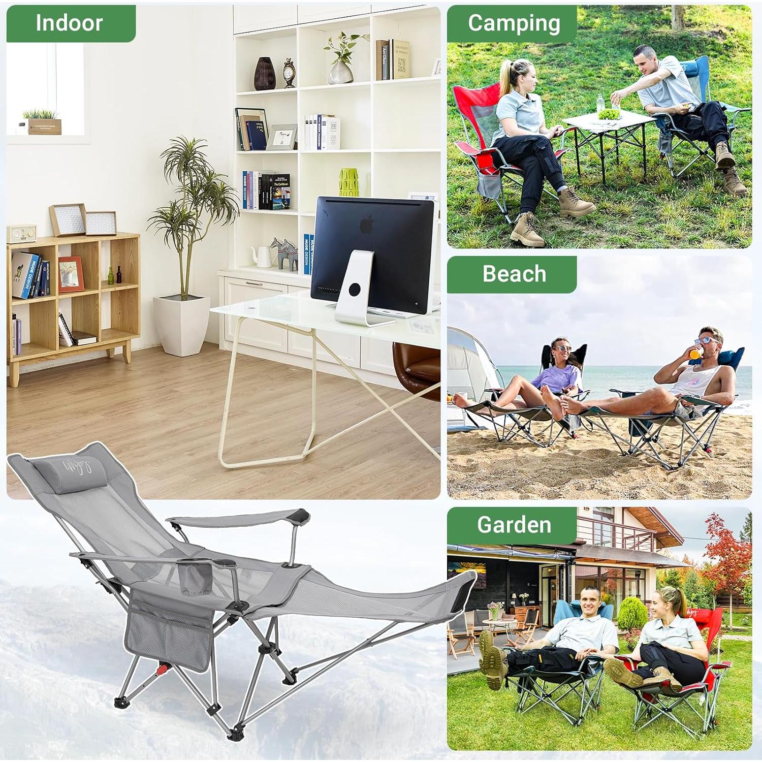 #WEJOY 2-in-1 Reclining Camping Chair, Lightweight Folding Camping Chair with Adjustable Backrest & Footrest, Camping Lounge Chair with Headrest, Cup Holder, Storage Bag, for Beach, Lawn, Concert