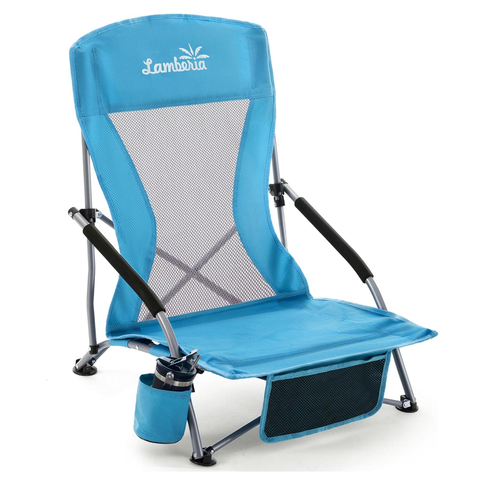 Lamberia Folding Beach Chair for Adults, Portable Low Beach Chairs with 300lbs Capacity, Lightweight Fodable Camping Chair for Travel, Picnic, Concert & Outdoor Activities, Blue